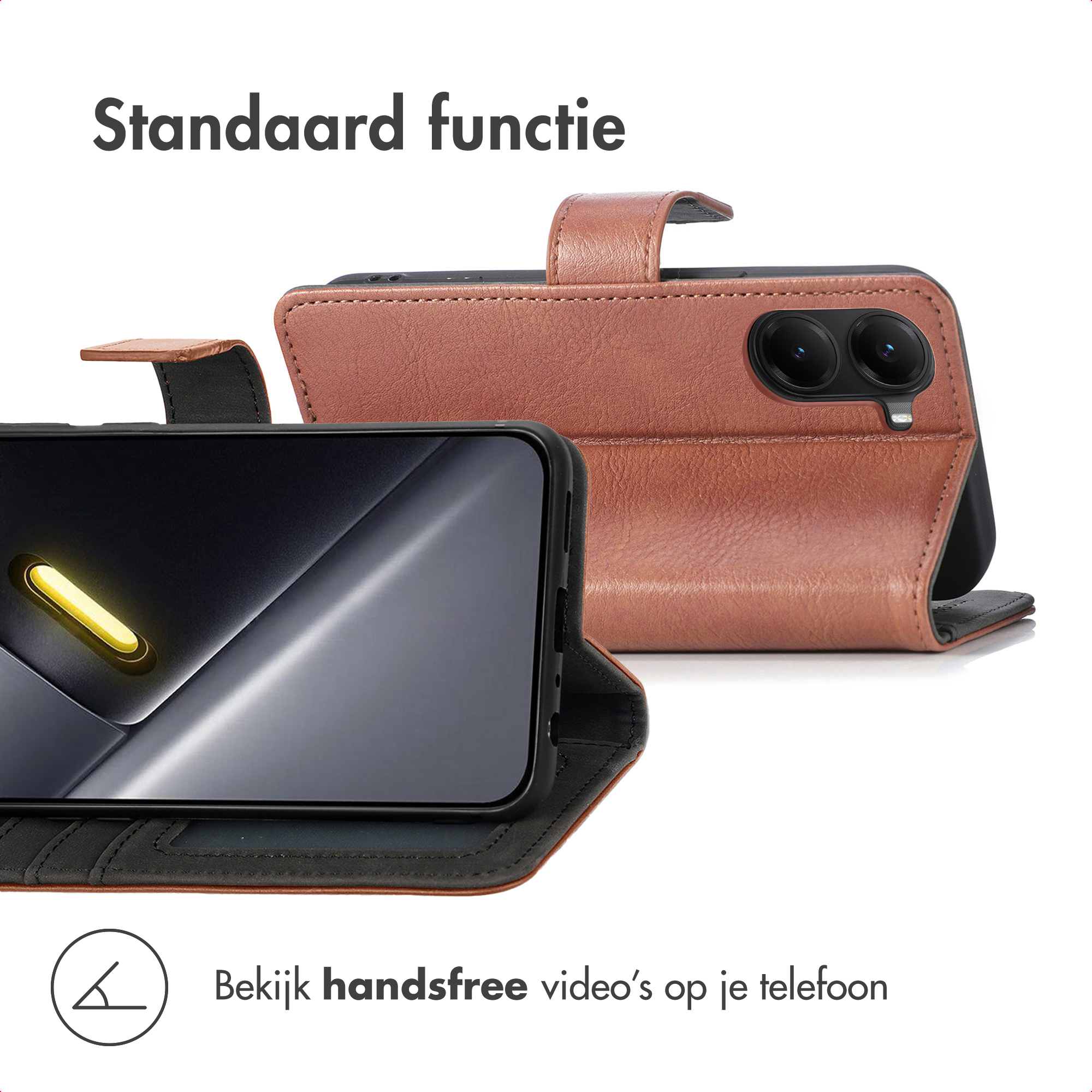 Custodia in pelle marrone con funzione stand e doppia fotocamera posteriore.