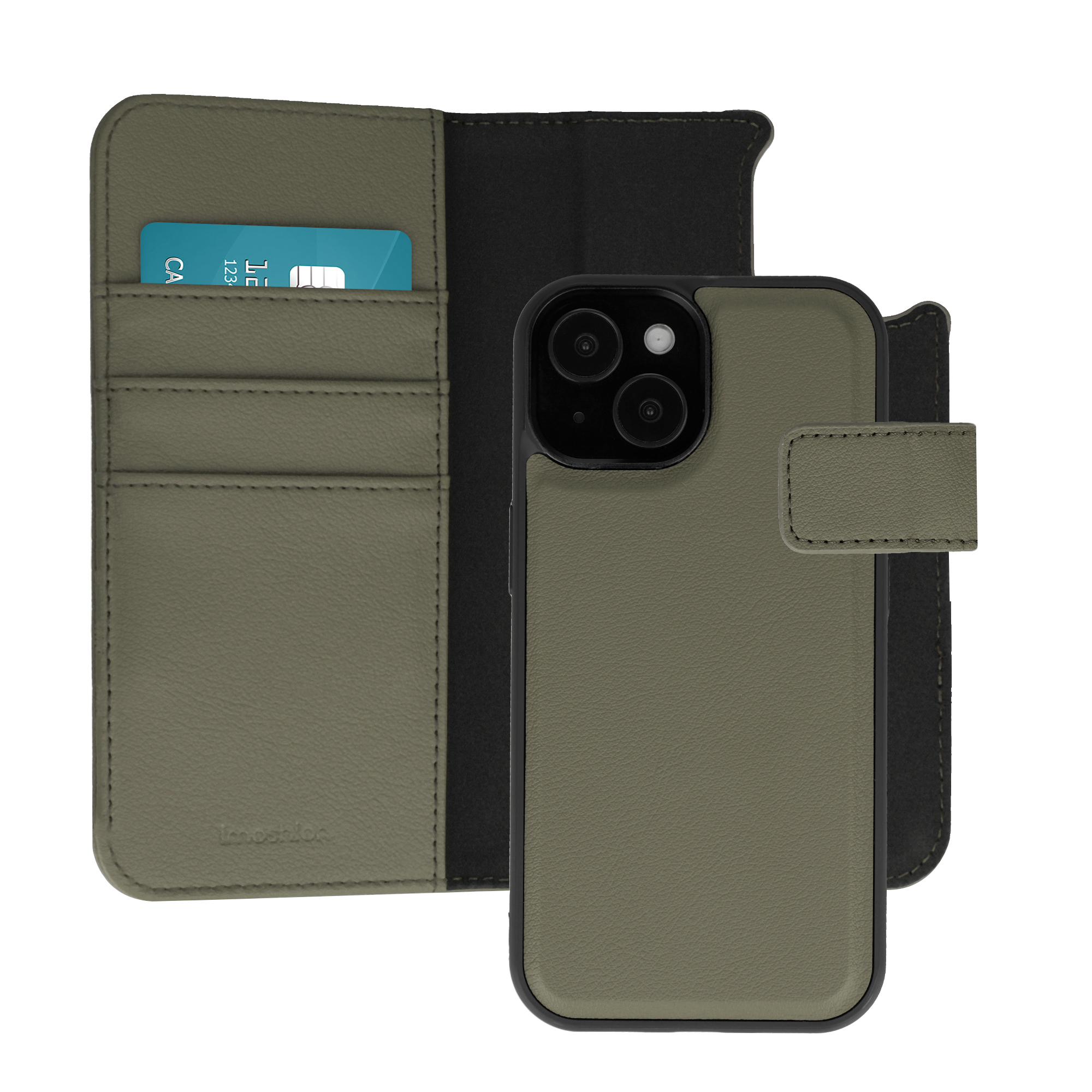 Green phone case with card slots and a phone inserted. Closed.