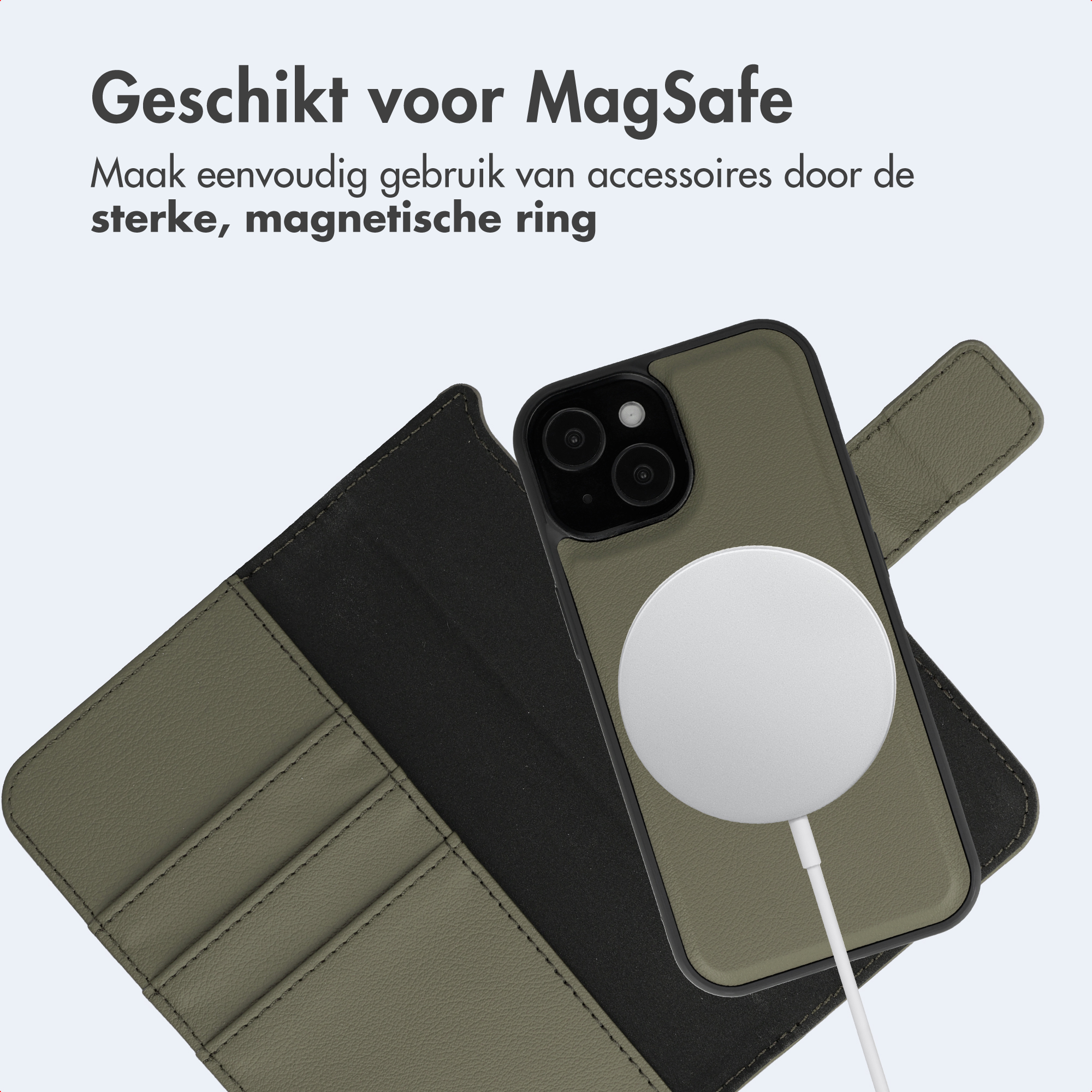 A green phone with a MagSafe charger and case is shown.