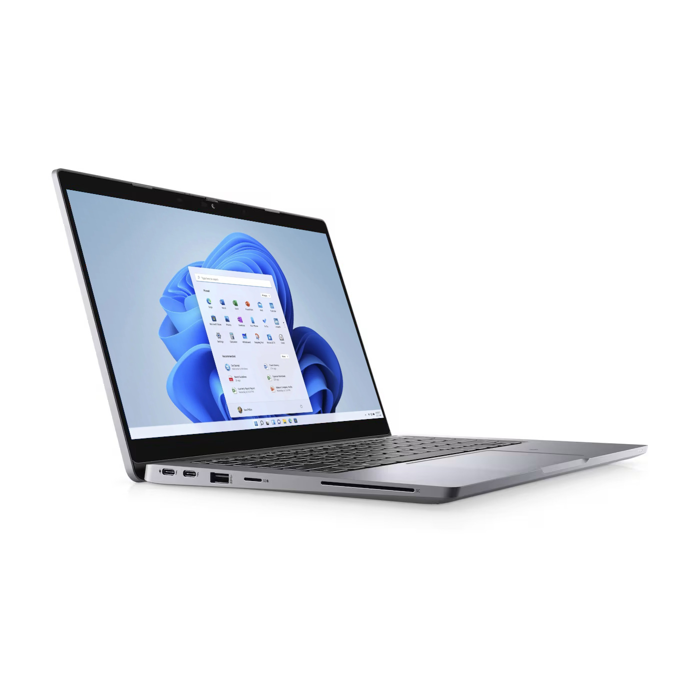 Ein silberner Laptop mit einem geöffneten Windows 11-Bildschirm auf weißem Hintergrund.
