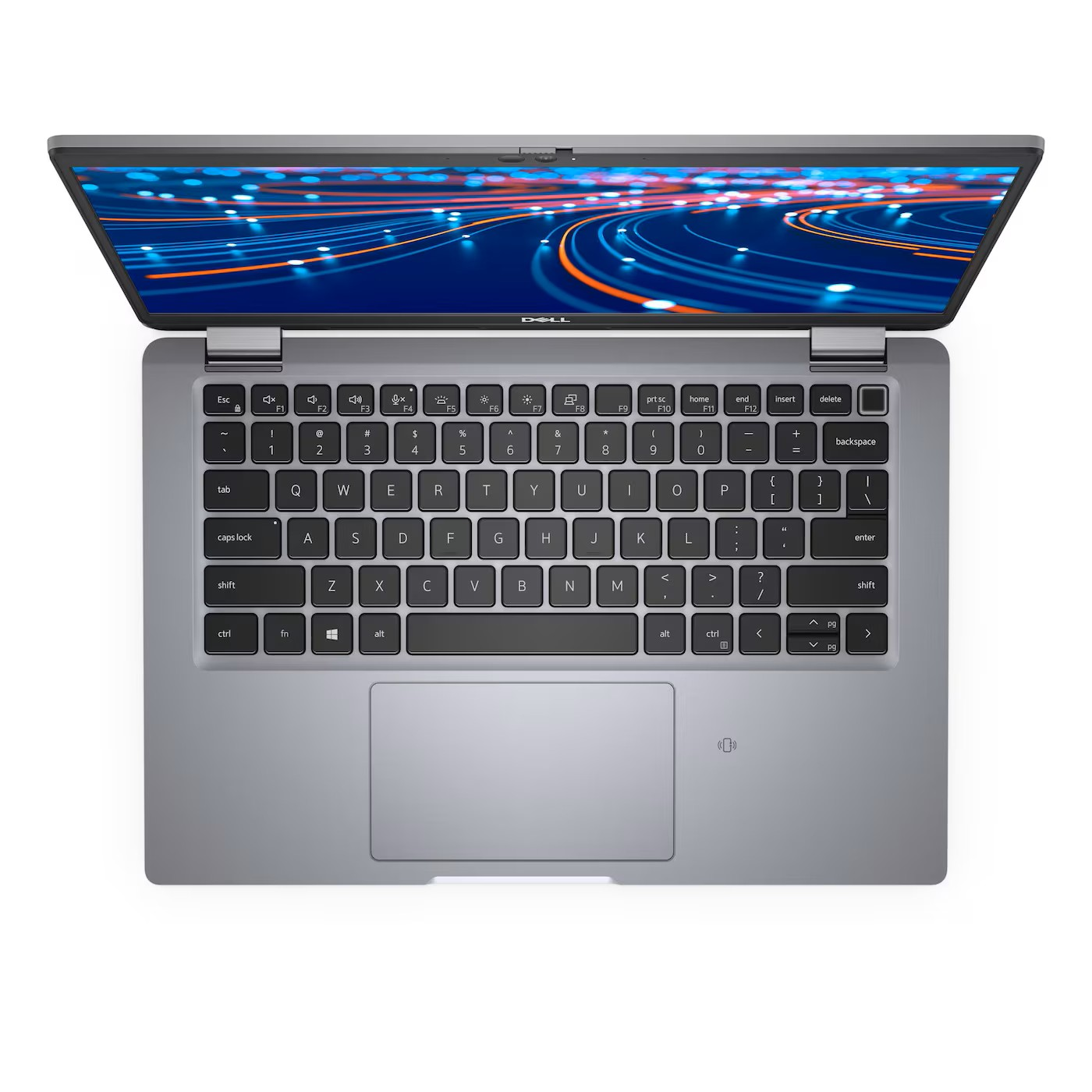 Ein geöffneter grauer Dell Laptop mit beleuchteter Tastatur und einem bunten Hintergrund.