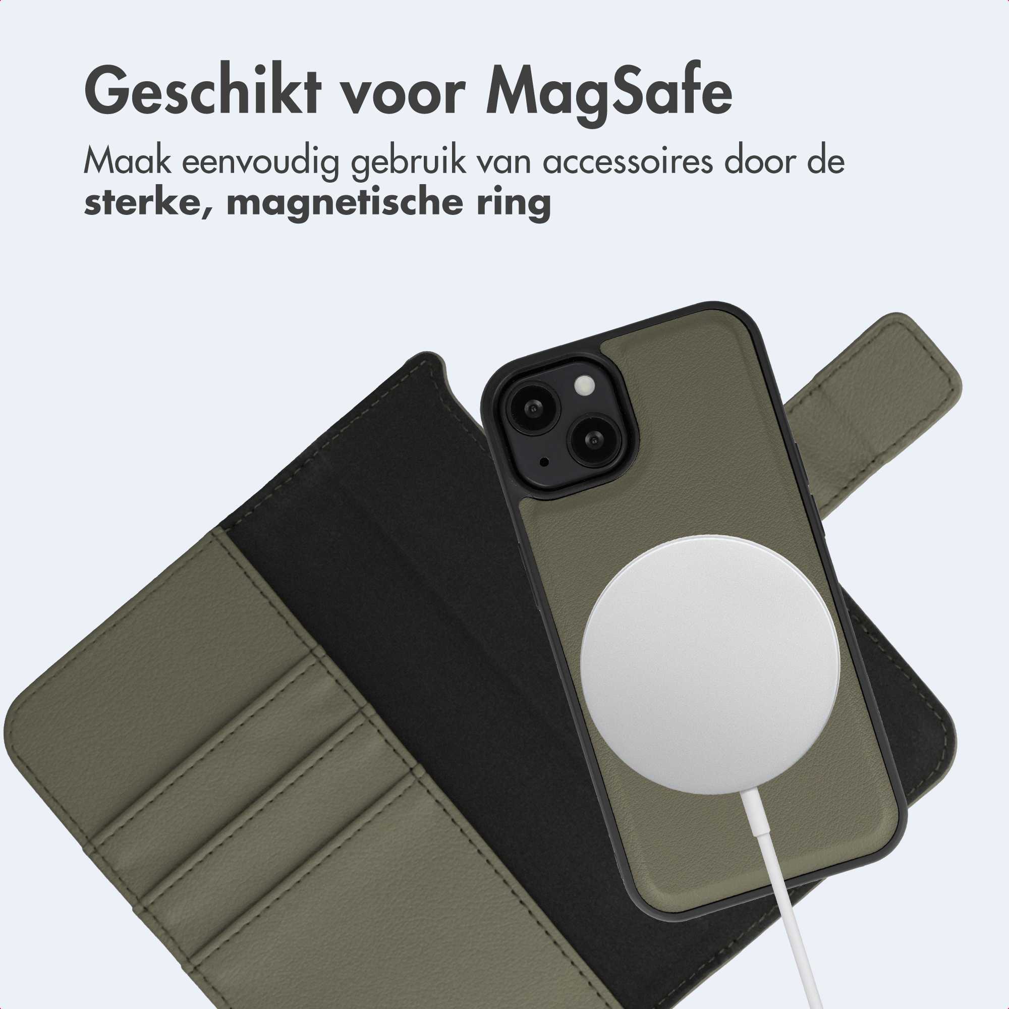 Ein grünes iPhone mit MagSafe-Ladegerät und Brieftaschenhülle.