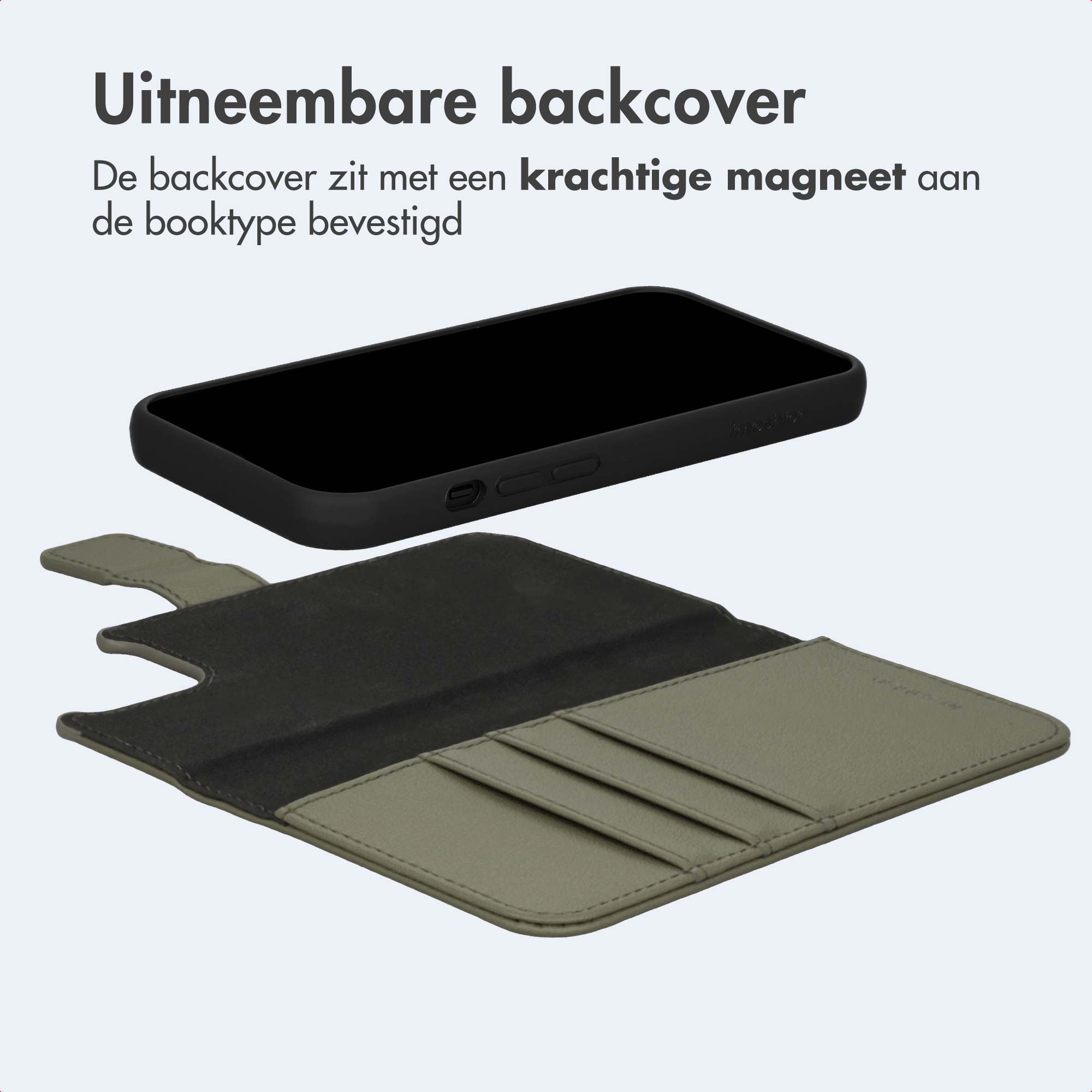 Ein schwarzes Smartphone wird über einer geöffneten, khakifarbenen Handyhülle mit Kartenschlitzen gezeigt.