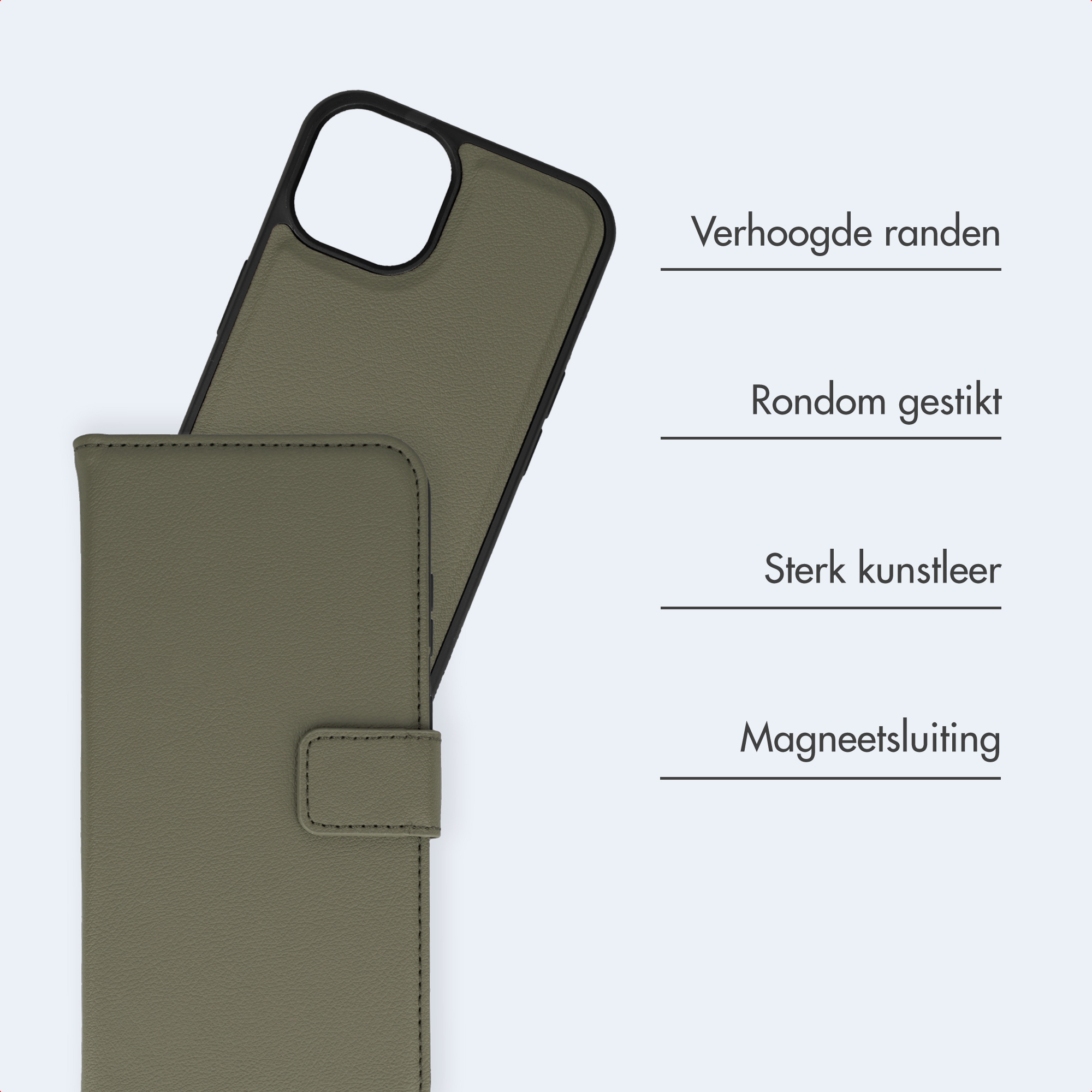 Grüne Handyhülle mit erhöhten Rändern und Magnetverschluss.