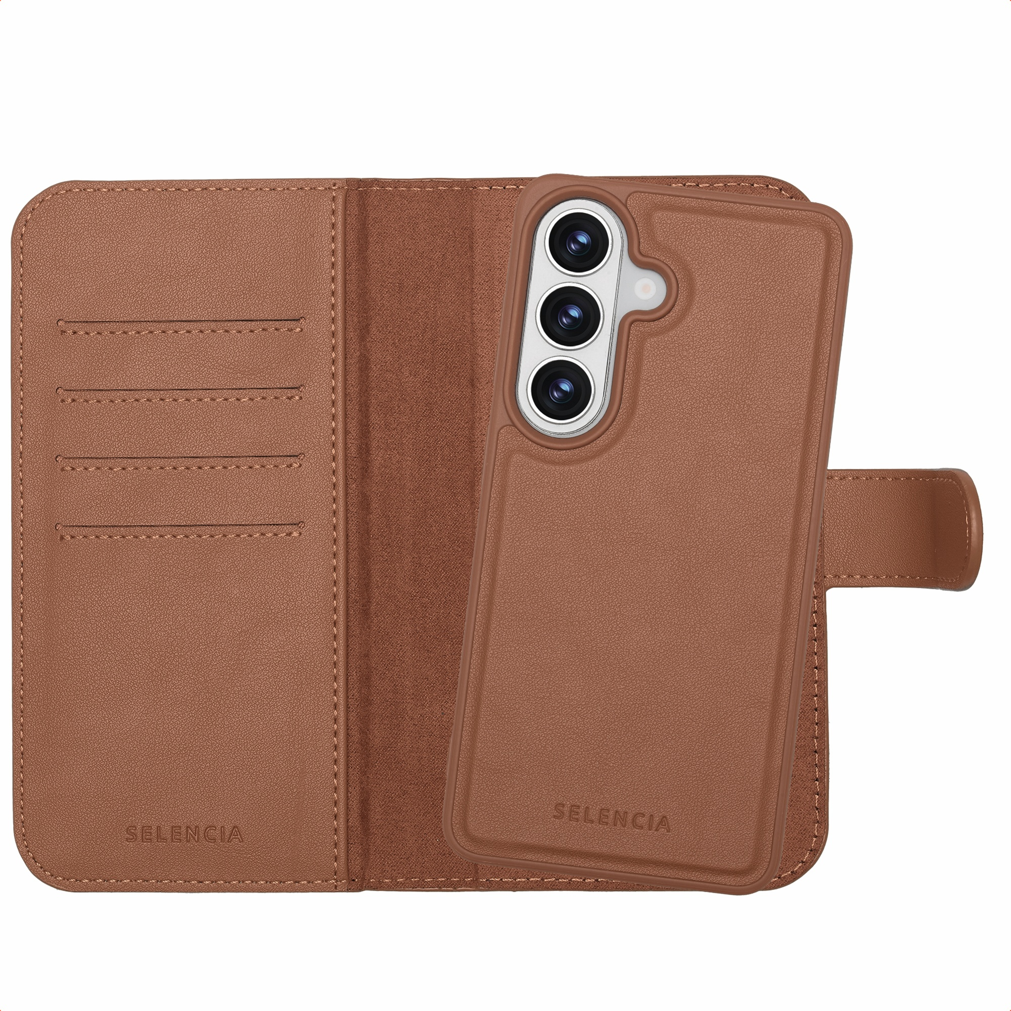 Brown leather wallet case for a smartphone with three cameras.