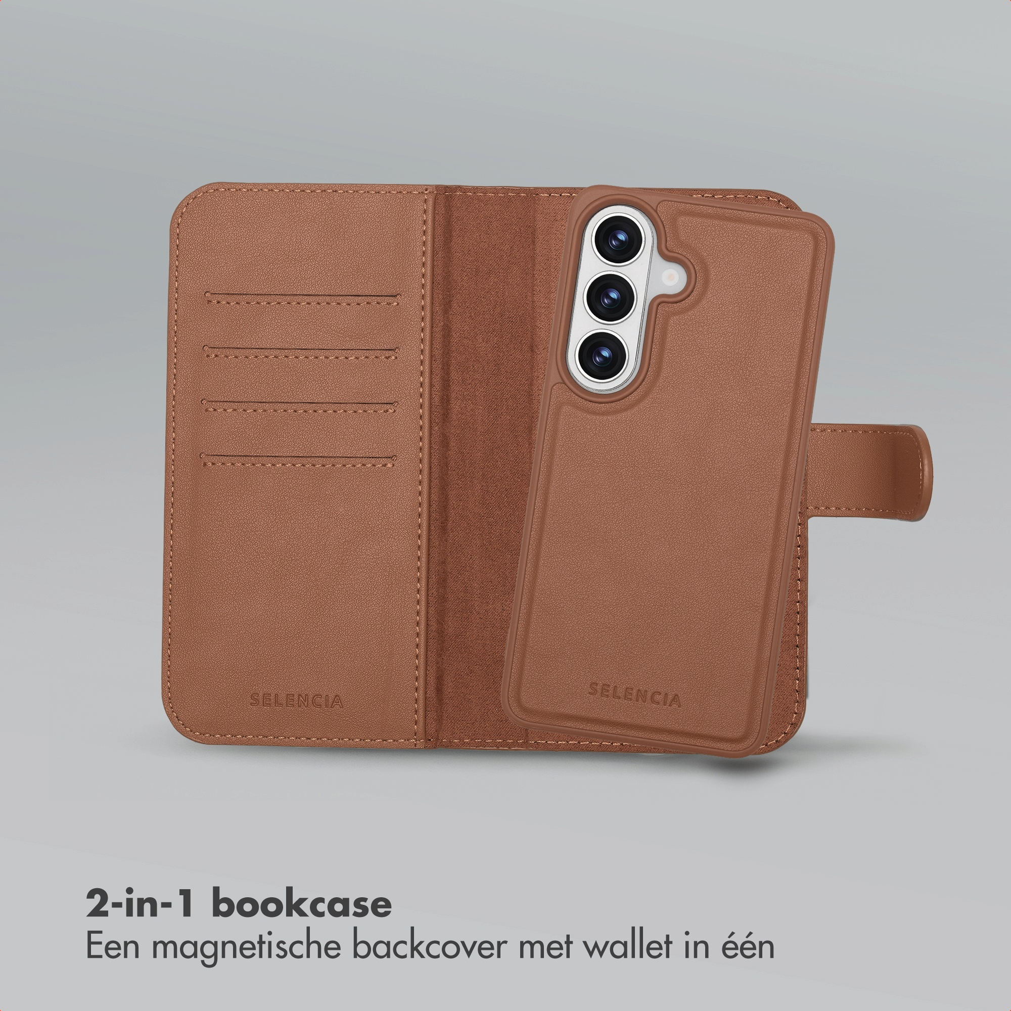 Brown leather phone case with card slots and magnetic closure.