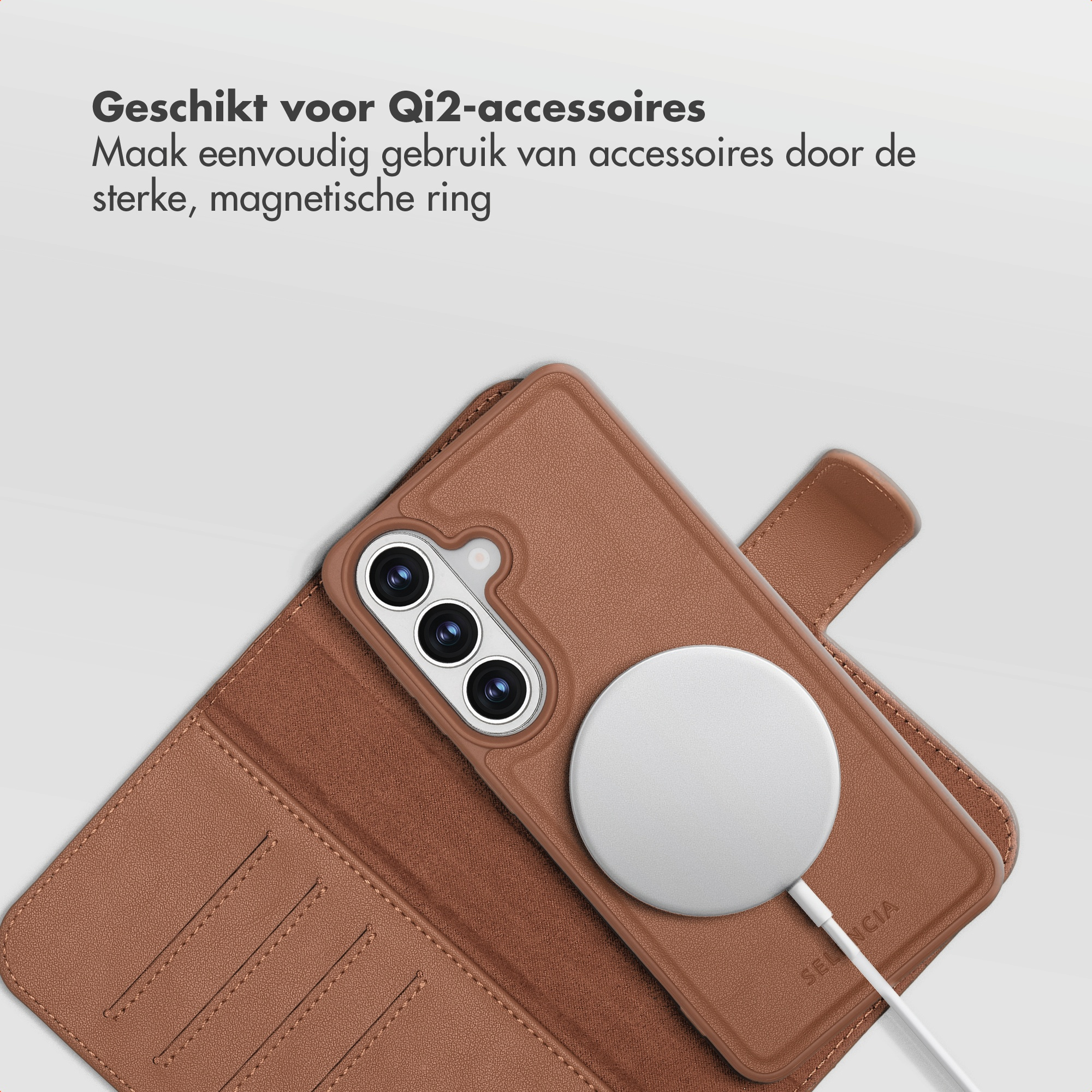 Brown phone case with magnetic Qi2 charger and camera module.