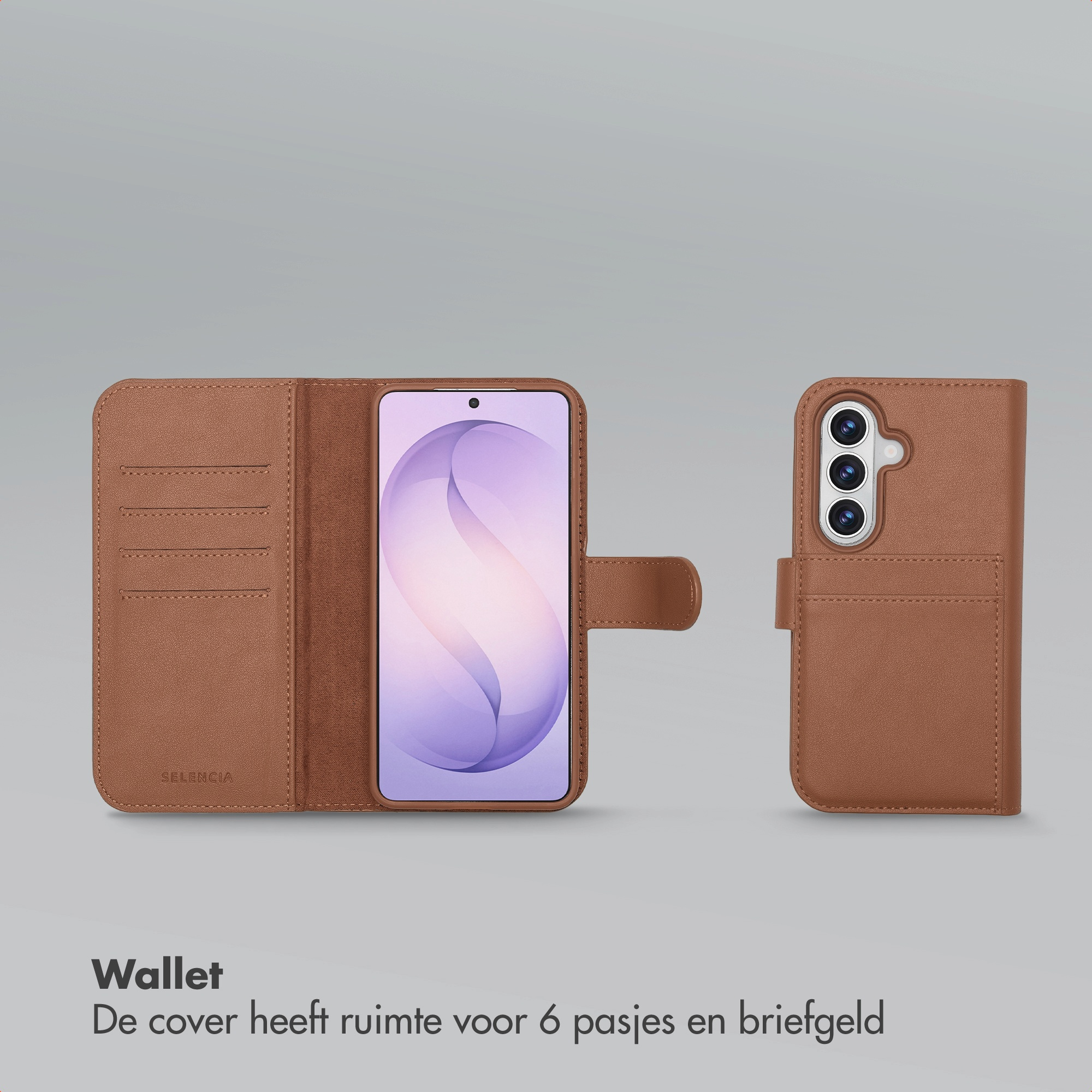 Brown phone wallet case with card slots and closed flap.