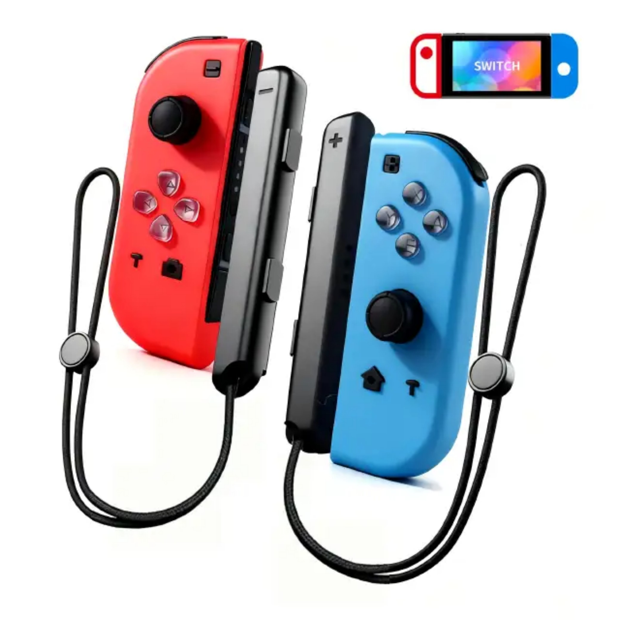 Ein roter und ein blauer Joy-Con-Controller mit schwarzen Trageschlaufen.