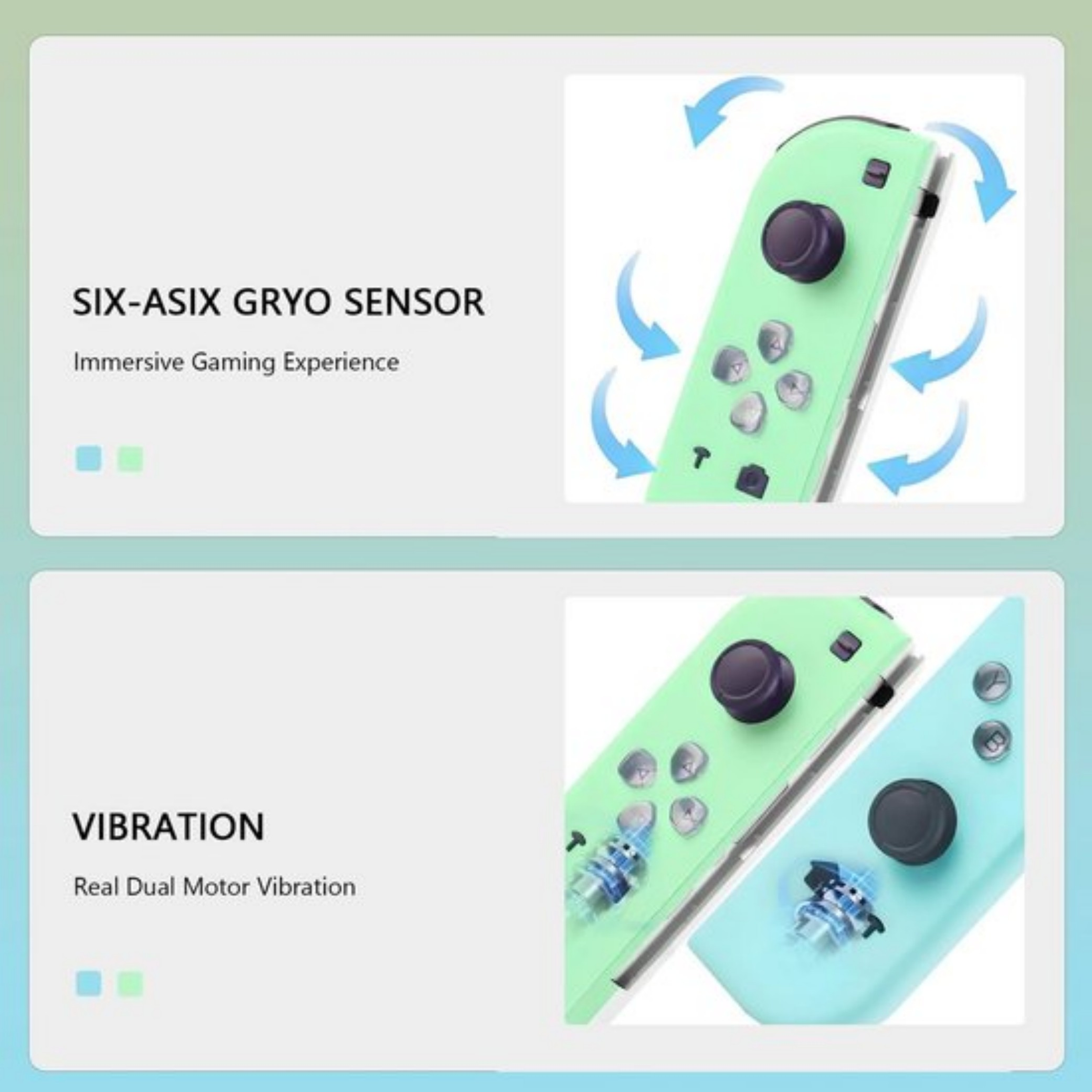Grüne und blaue Controller mit Pfeilen, die eine Drehung anzeigen, und Vibrationseffekte.