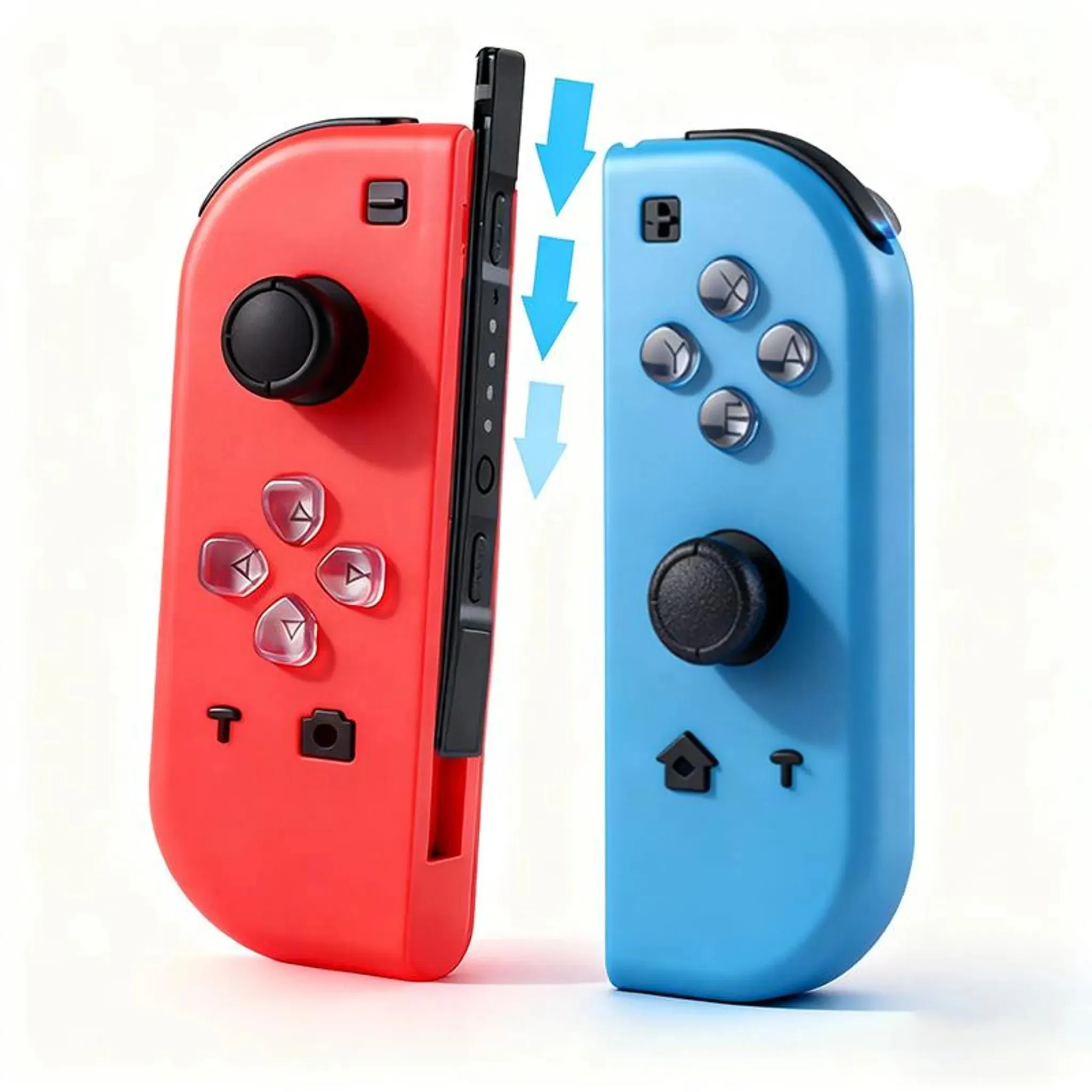 Zwei Joy-Con-Controller, ein roter und ein blauer, werden nebeneinander gezeigt.