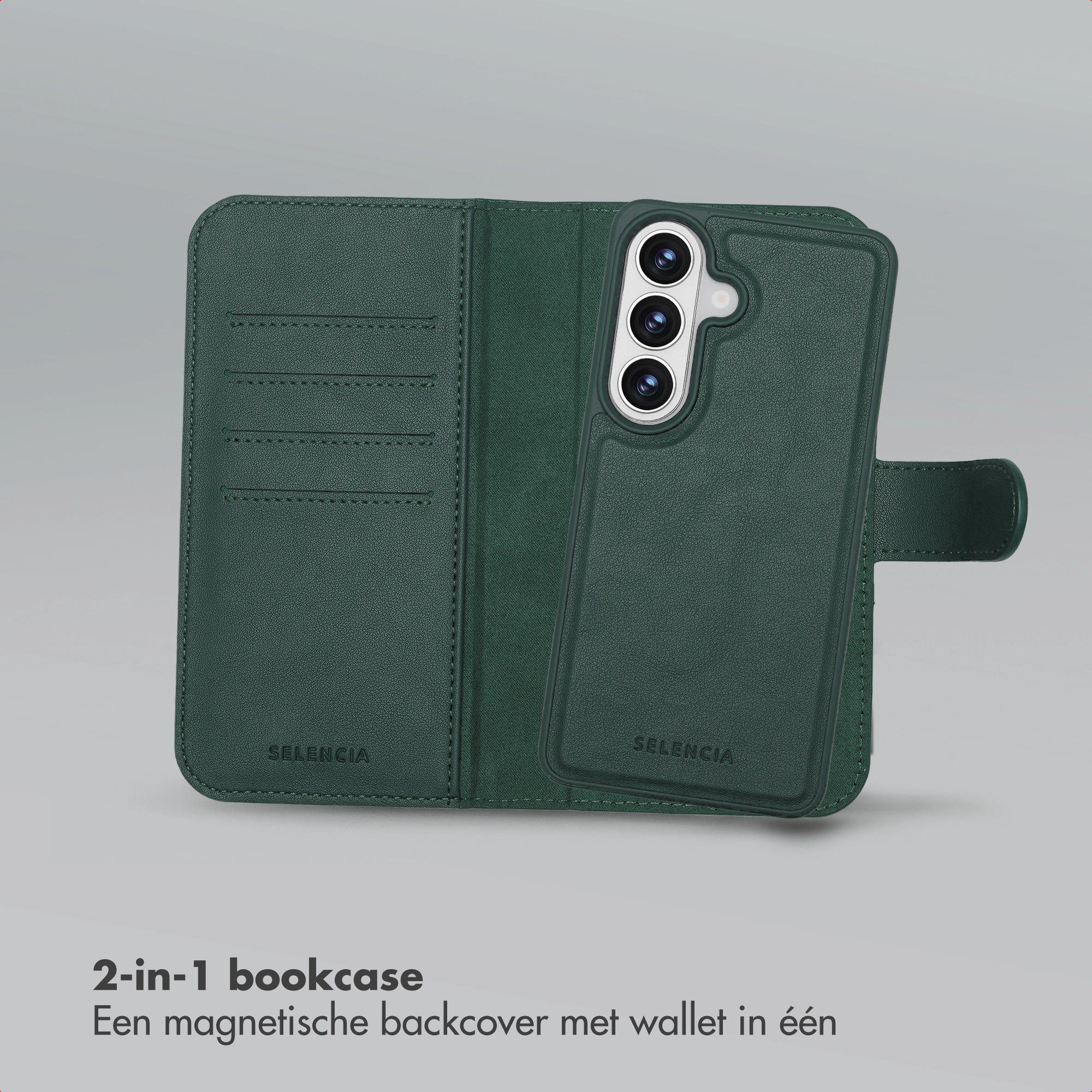 A green leather book case with a detachable phone cover and card slots.