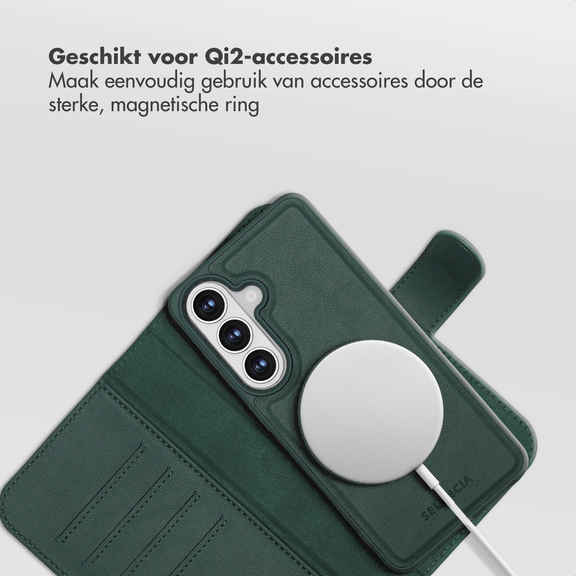 Green phone case with magnetic ring and charger, with text.