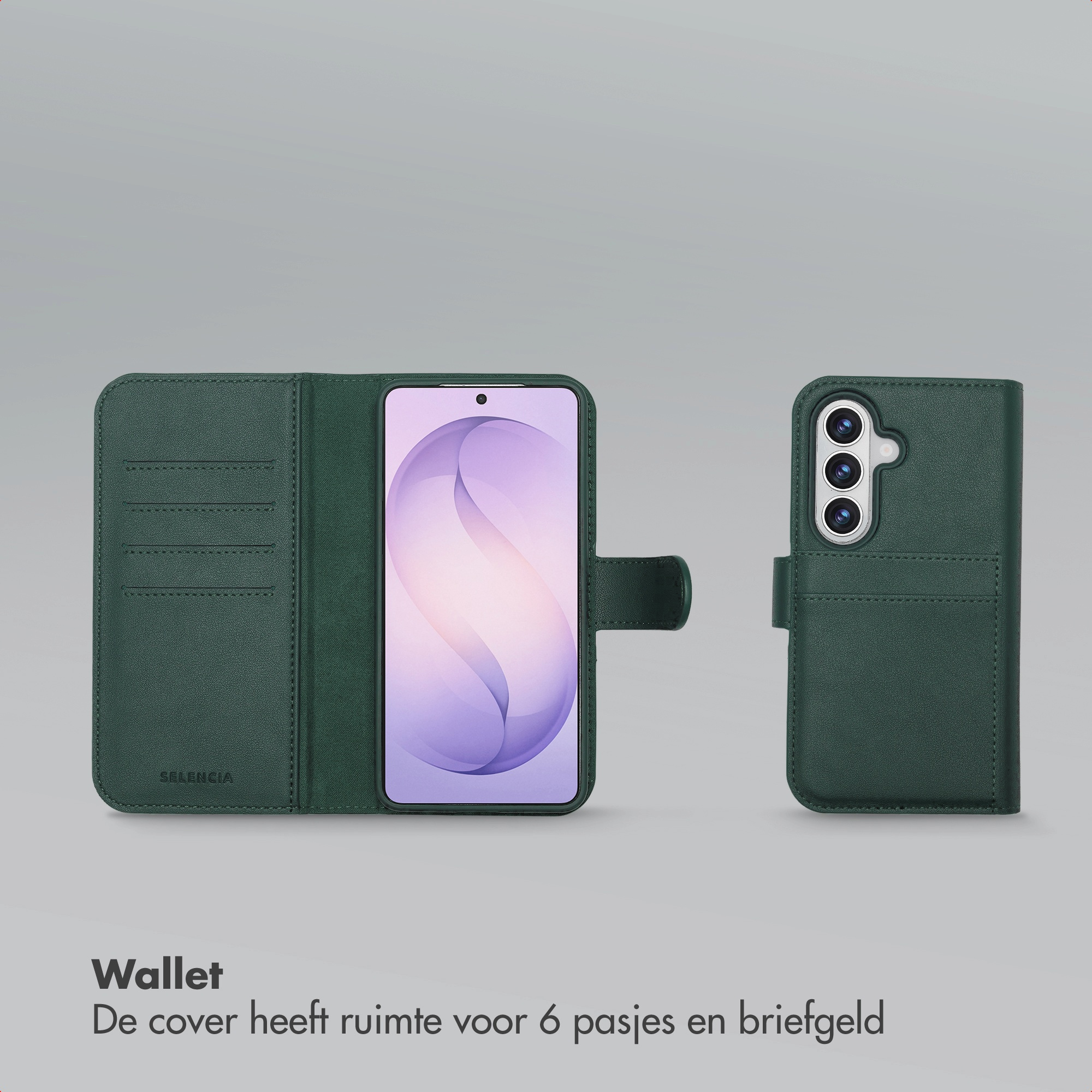 A dark green wallet phone case is shown open with a phone inside, and closed next to it, on a grey background.