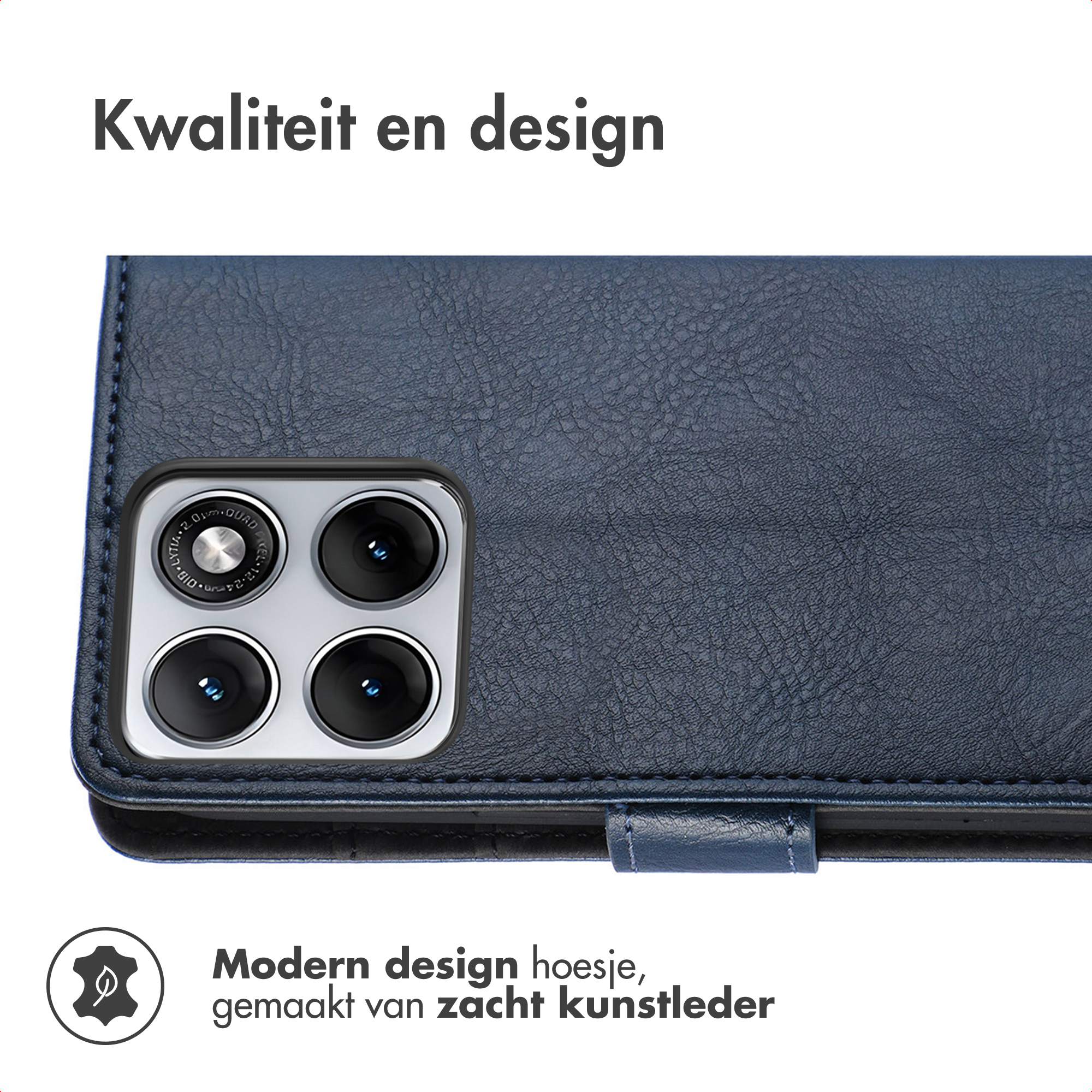 Dark blue faux leather phone case with camera array and leaf icon.
