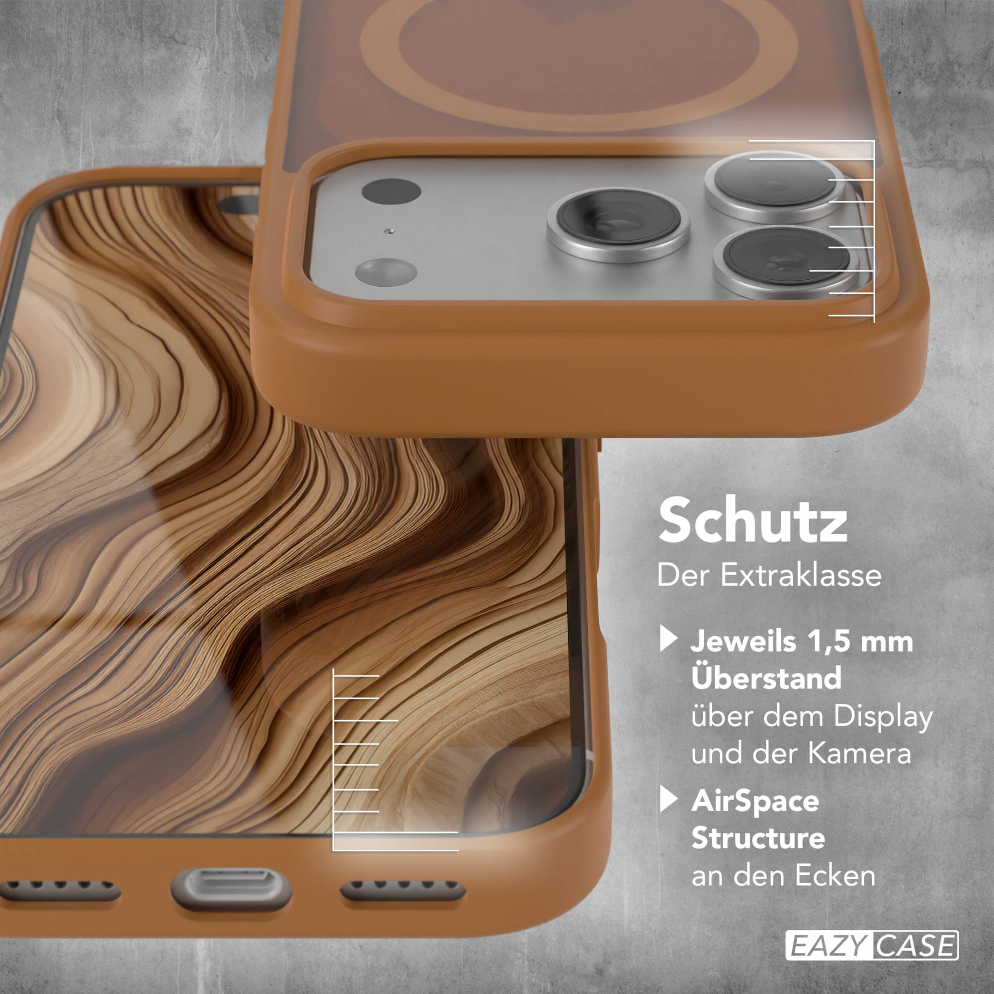 Ein braunes Handycover mit Holzmuster. Schutz für Display und Kamera.