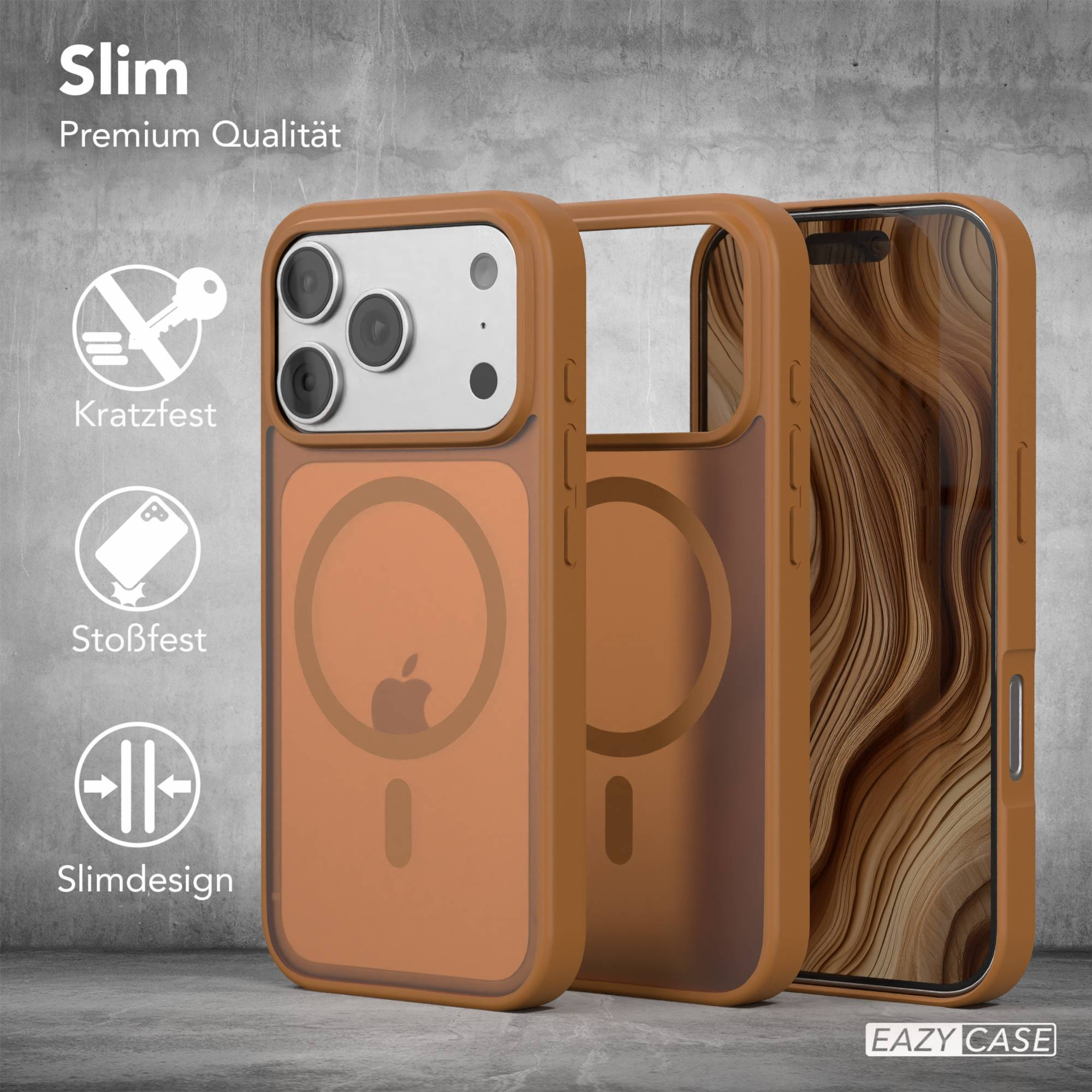Orange Handyhülle mit Apple Logo und Holzmuster auf dem Bildschirm.