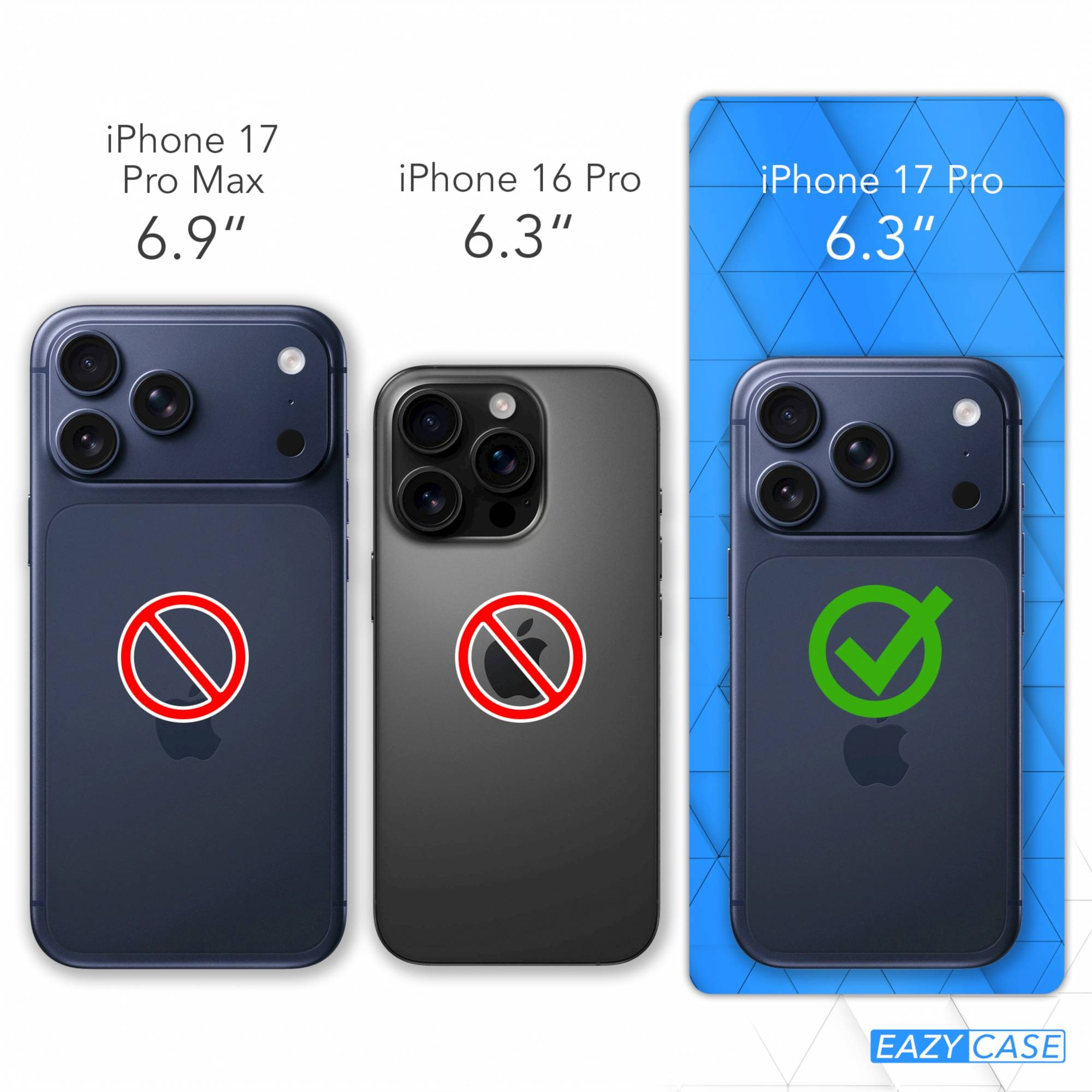 Drei iPhones werden angezeigt: iPhone 17 Pro Max (6,9"), iPhone 16 Pro (6,3") und iPhone 17 Pro (6,3").