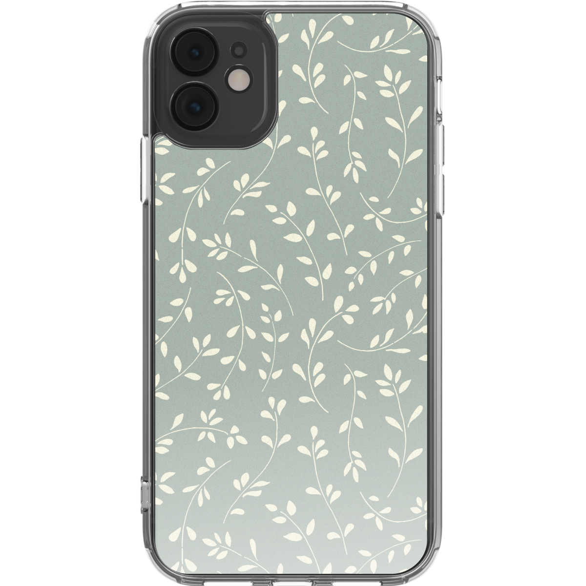 Una custodia per iPhone con sfondo verde chiaro e un delicato motivo a foglie bianche.