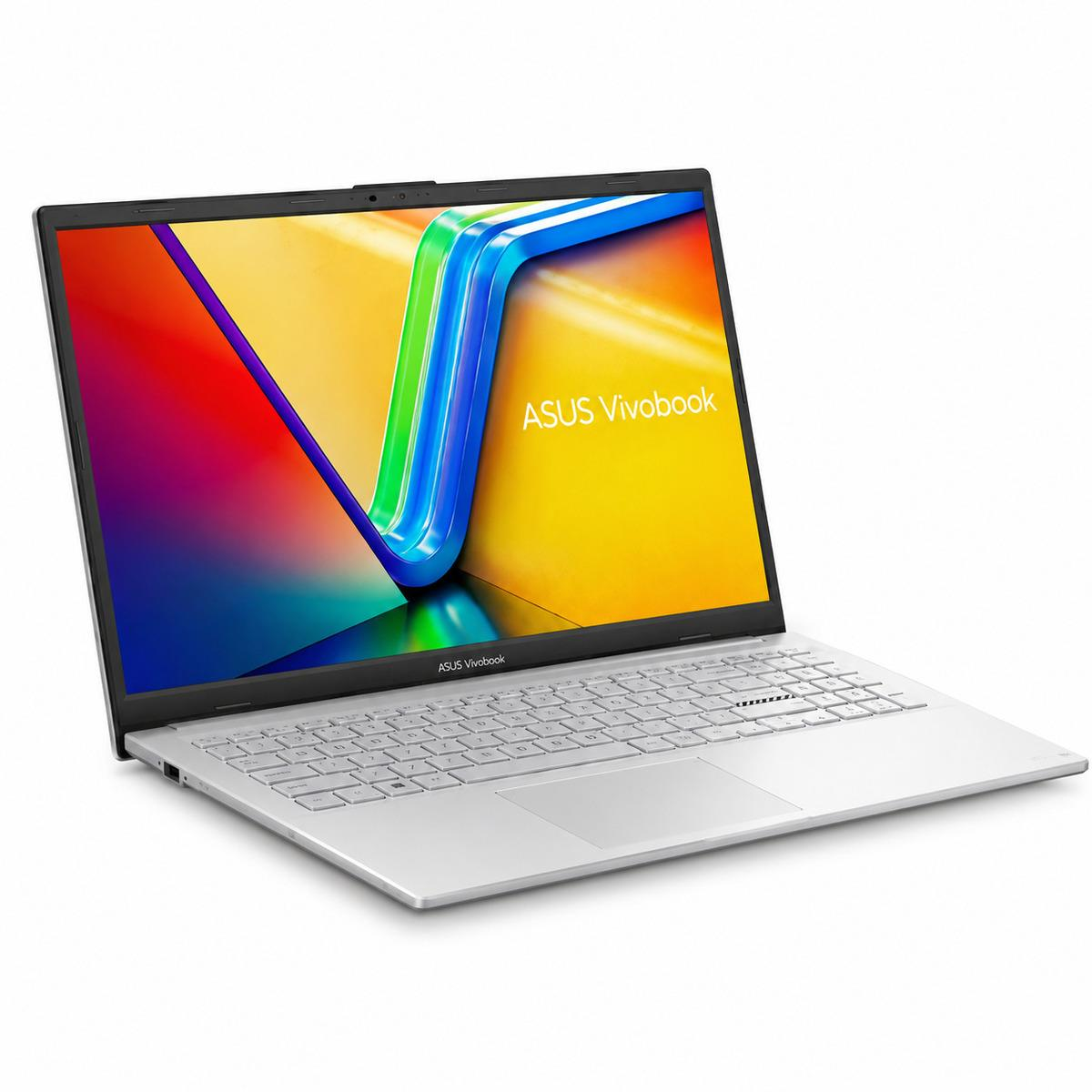 Renkli ekranlı ve tam klavyeli gümüş ASUS Vivobook dizüstü bilgisayar.
