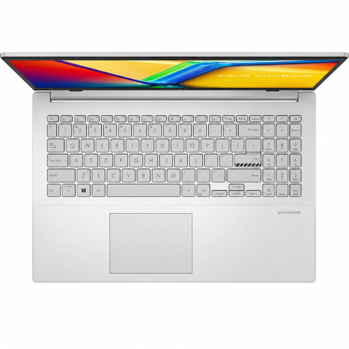 Renkli ekran duvar kağıtlı ve tam klavyeli beyaz ASUS Vivobook dizüstü bilgisayar.