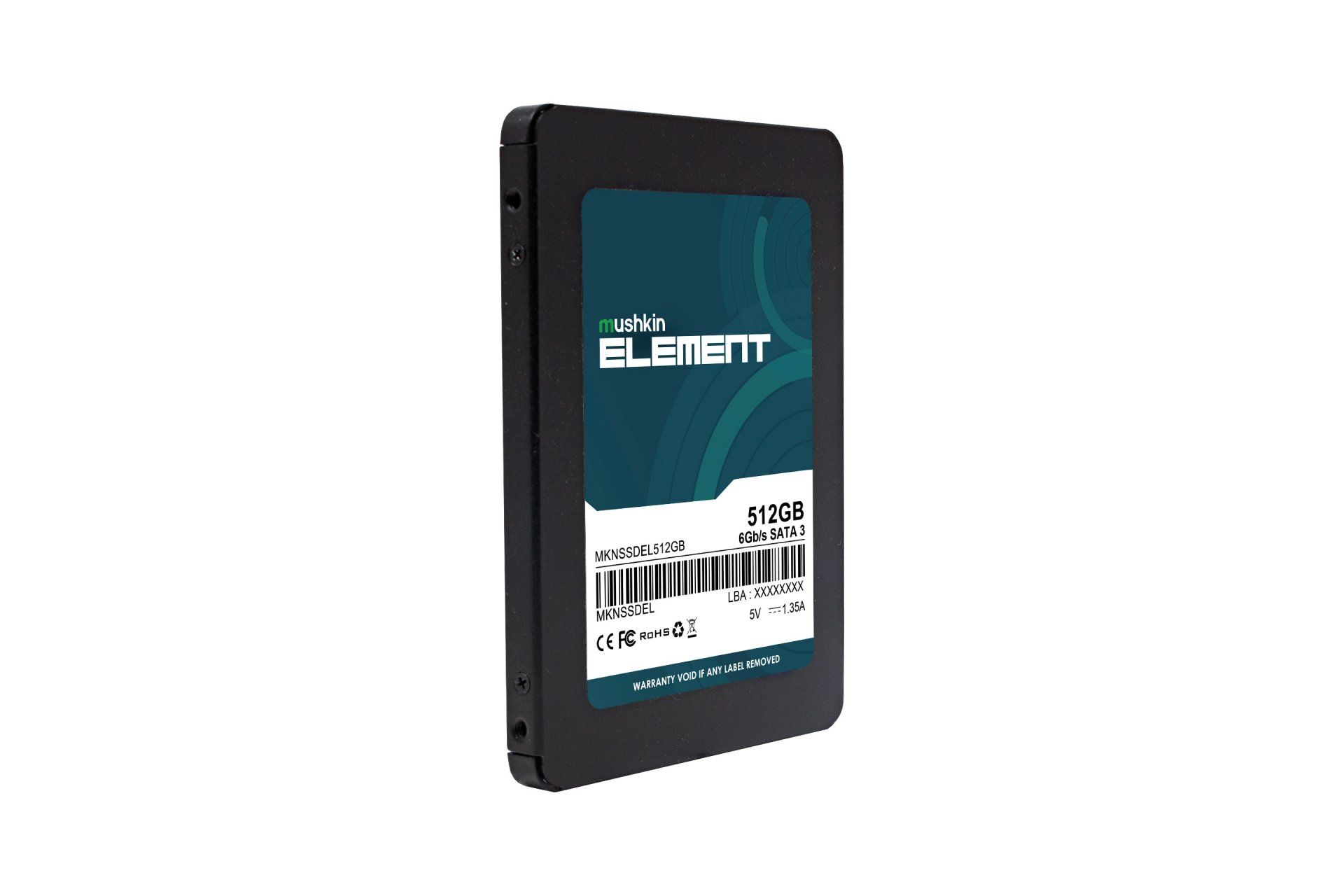 Koyu teal ve beyaz etiketli, açılı gösterilen siyah bir Mushkin Element 512GB SATA 3 SSD.