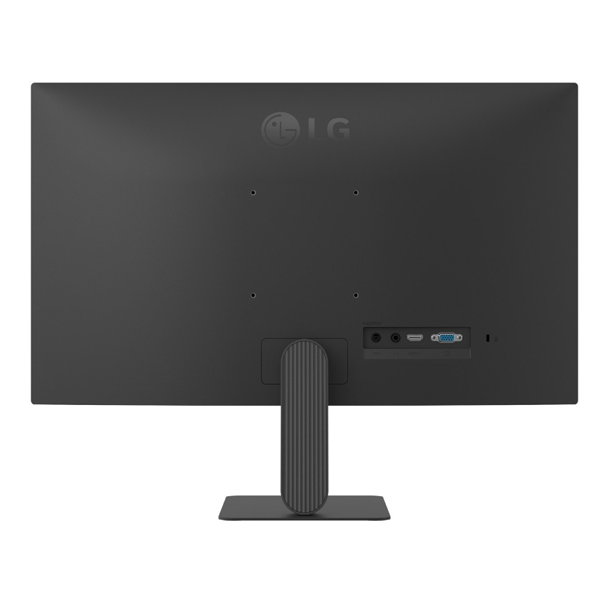 Die Rückseite eines dunkelgrauen LG-Monitors mit LG-Logo, vier Schraubenlöchern und mehreren Eingangsanschlüssen.