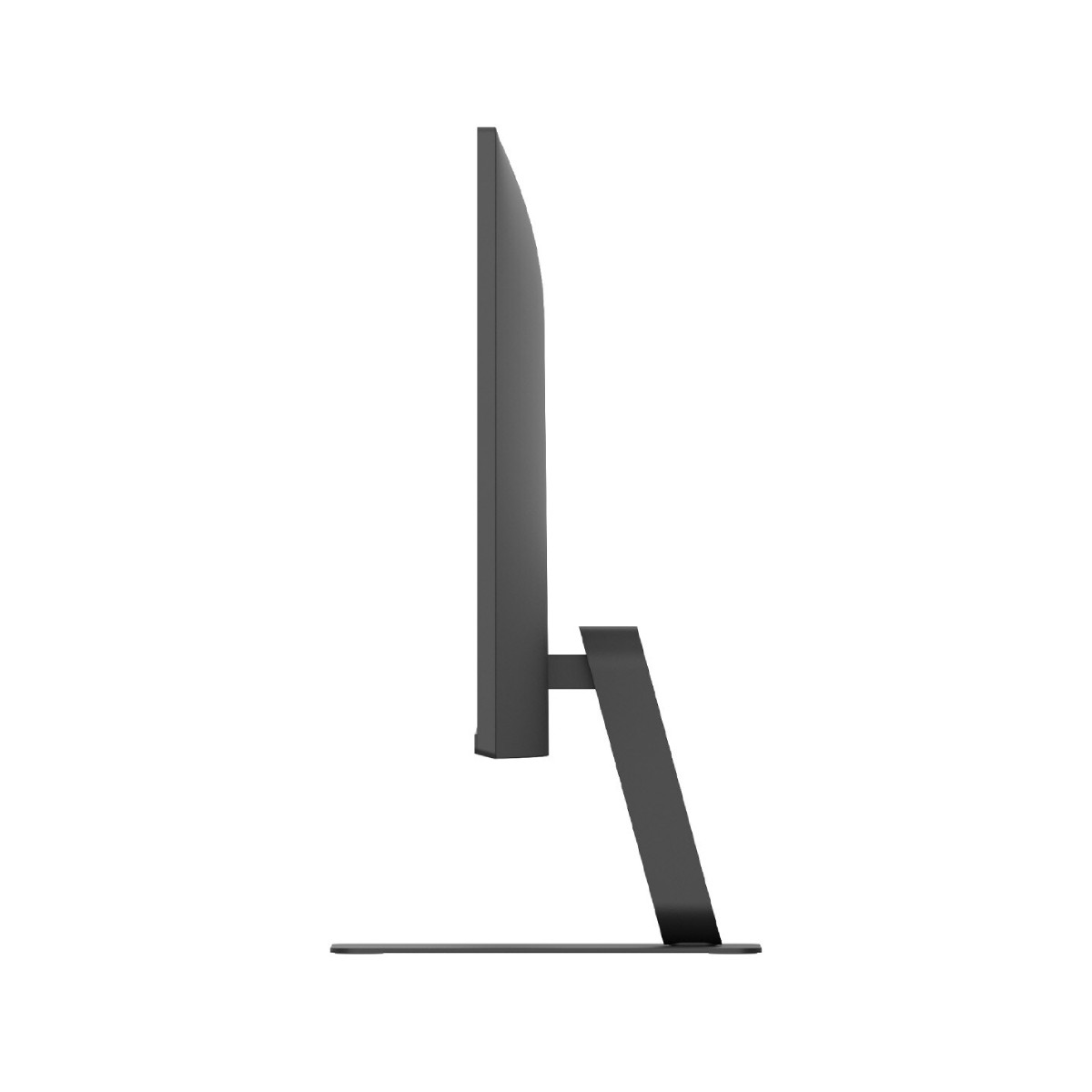 Ein dunkelgrauer Computermonitor, von der rechten Seite gesehen, mit einem dünnen Bildschirm und einem stabilen, abgewinkelten Standfuß auf weißem Hintergrund.