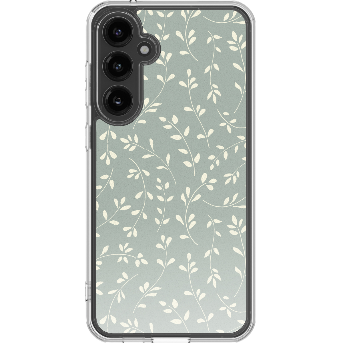 Una cover trasparente per telefono con un delicato motivo a foglie su sfondo verde chiaro.