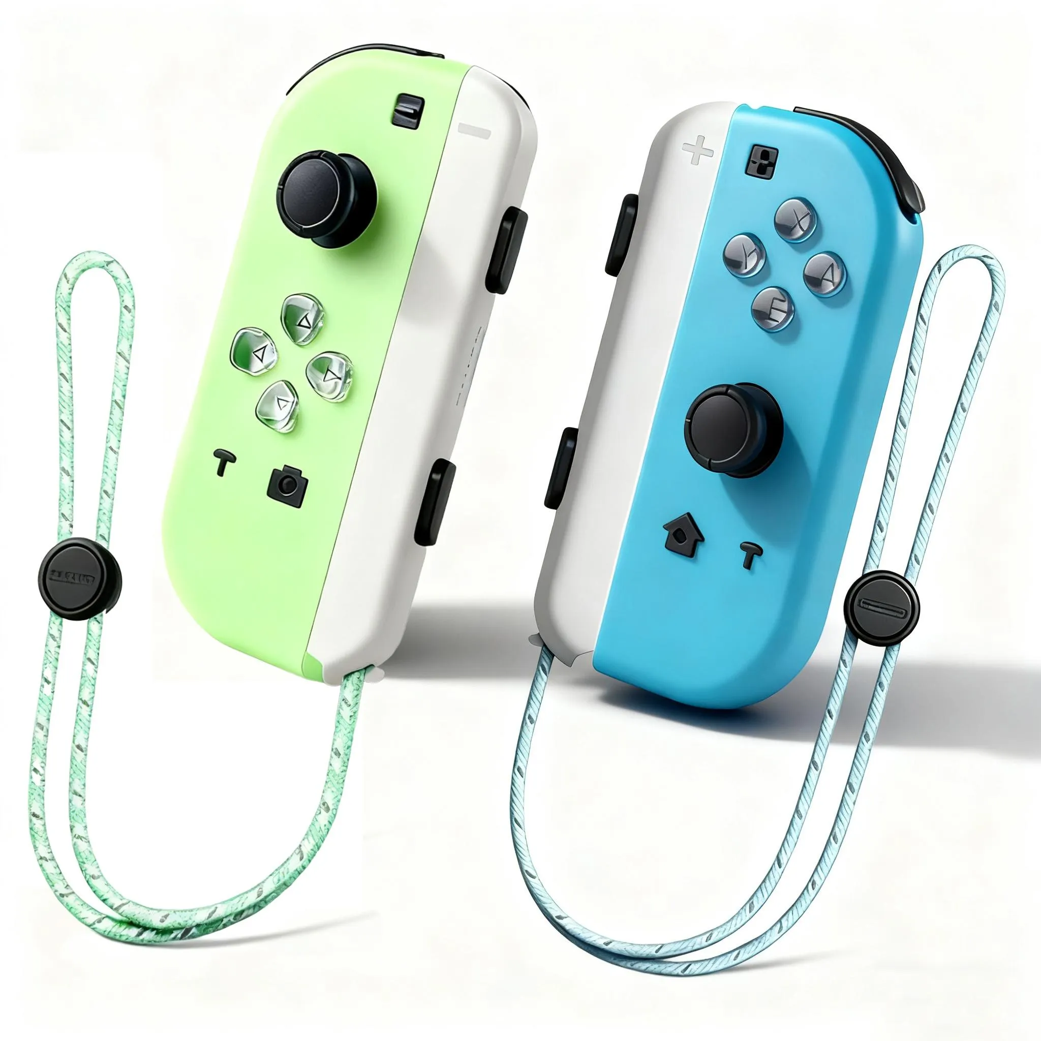 Ein Paar Nintendo Switch Joy-Con Controller, einer hellgrün und einer hellblau, mit Handschlaufen, vor weißem Hintergrund.