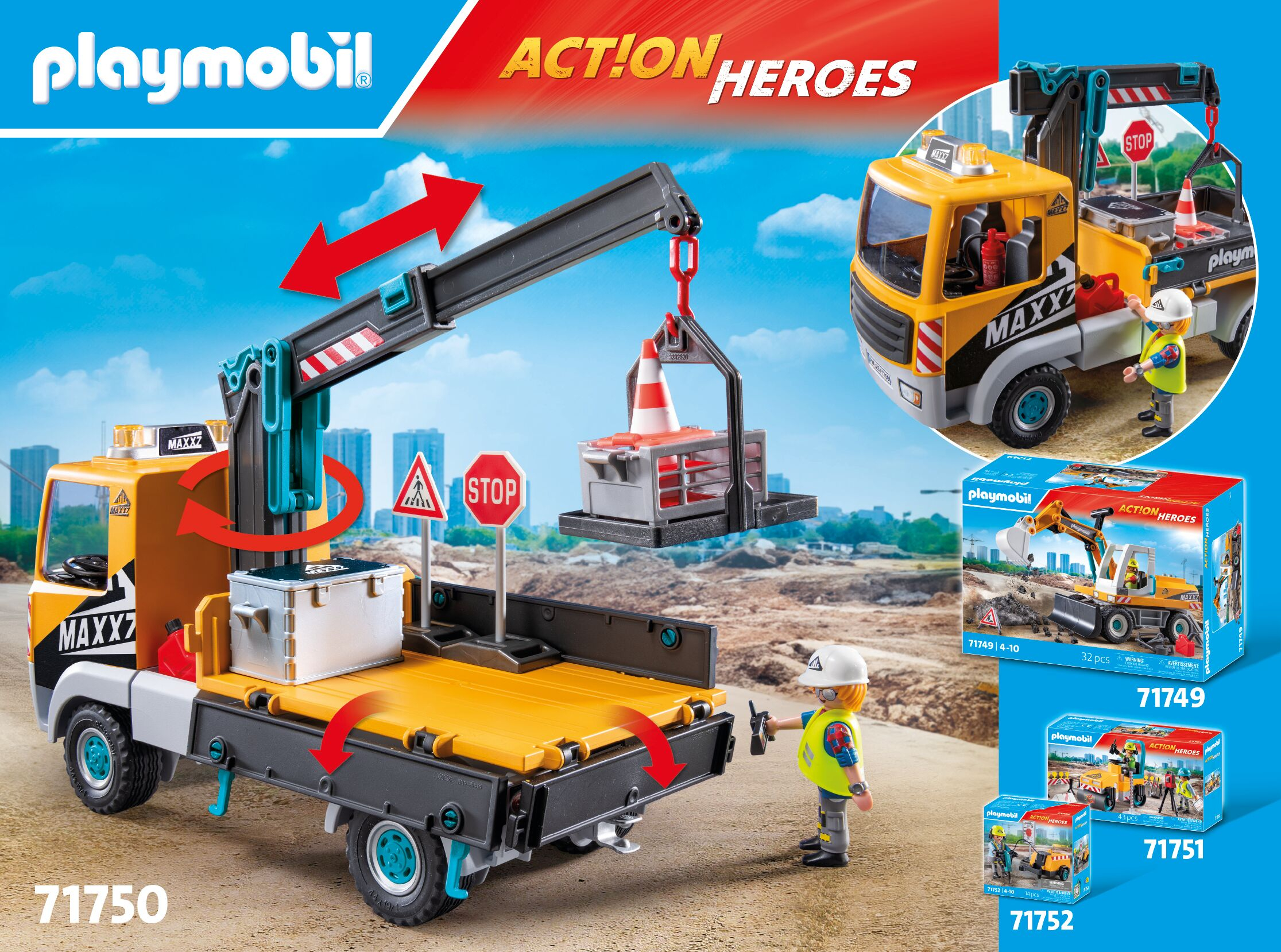 Playmobil kraanwagen met bouwvakker die een pion tilt. Speelgoedverpakkingen op de achtergrond.