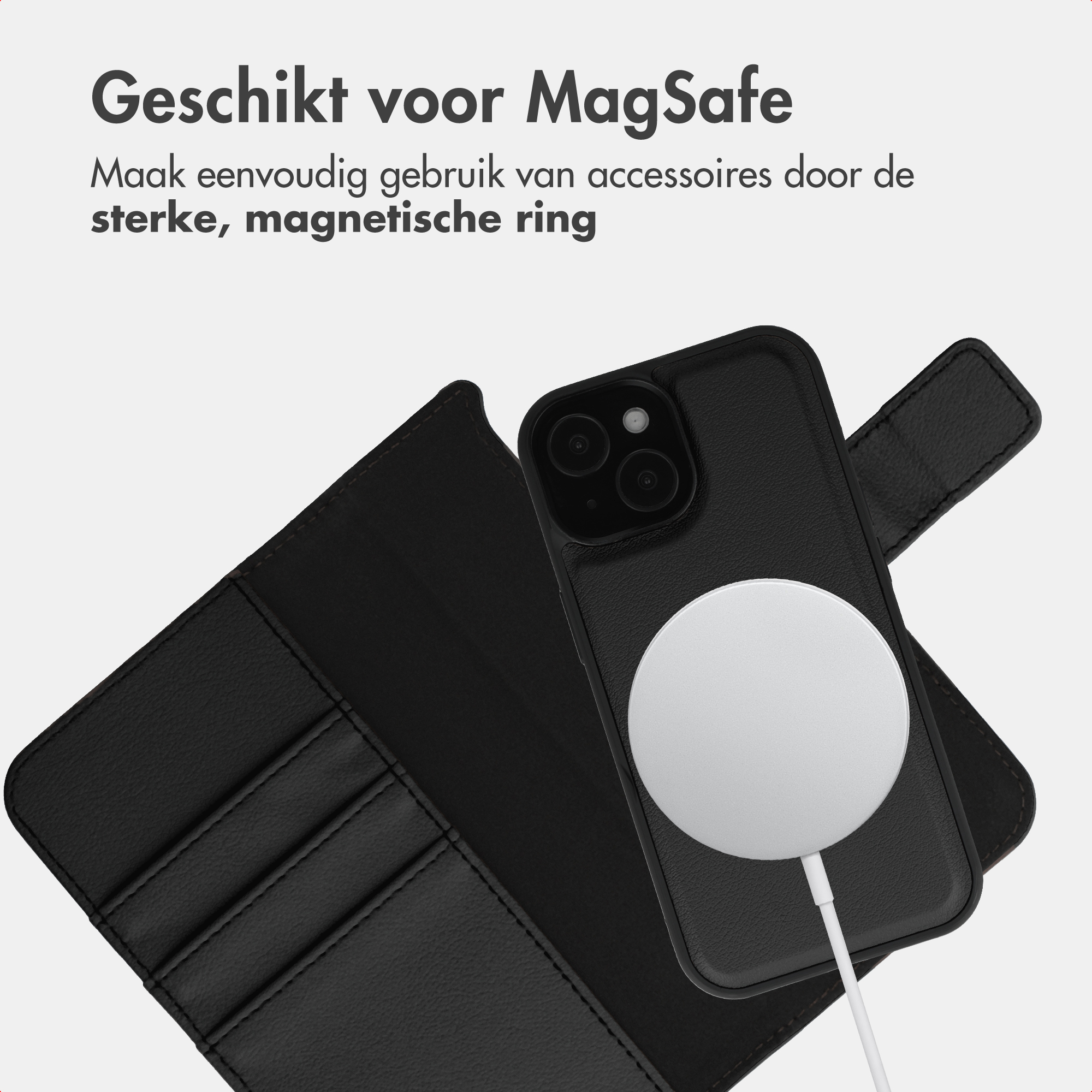 Black phone case with MagSafe charger and card slots.