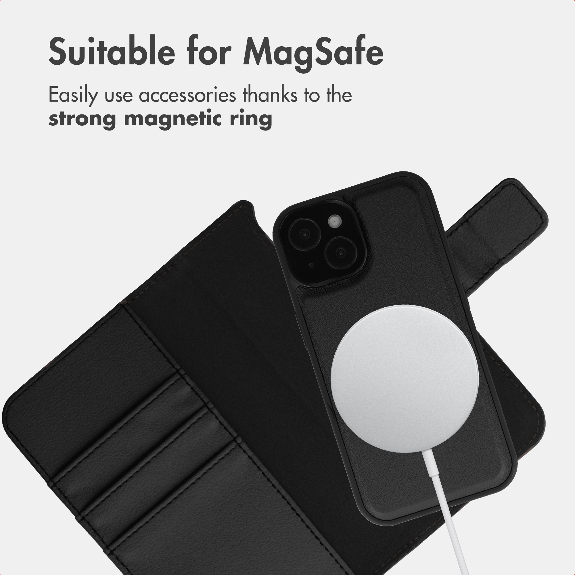 Black phone case with MagSafe charger and card slots.