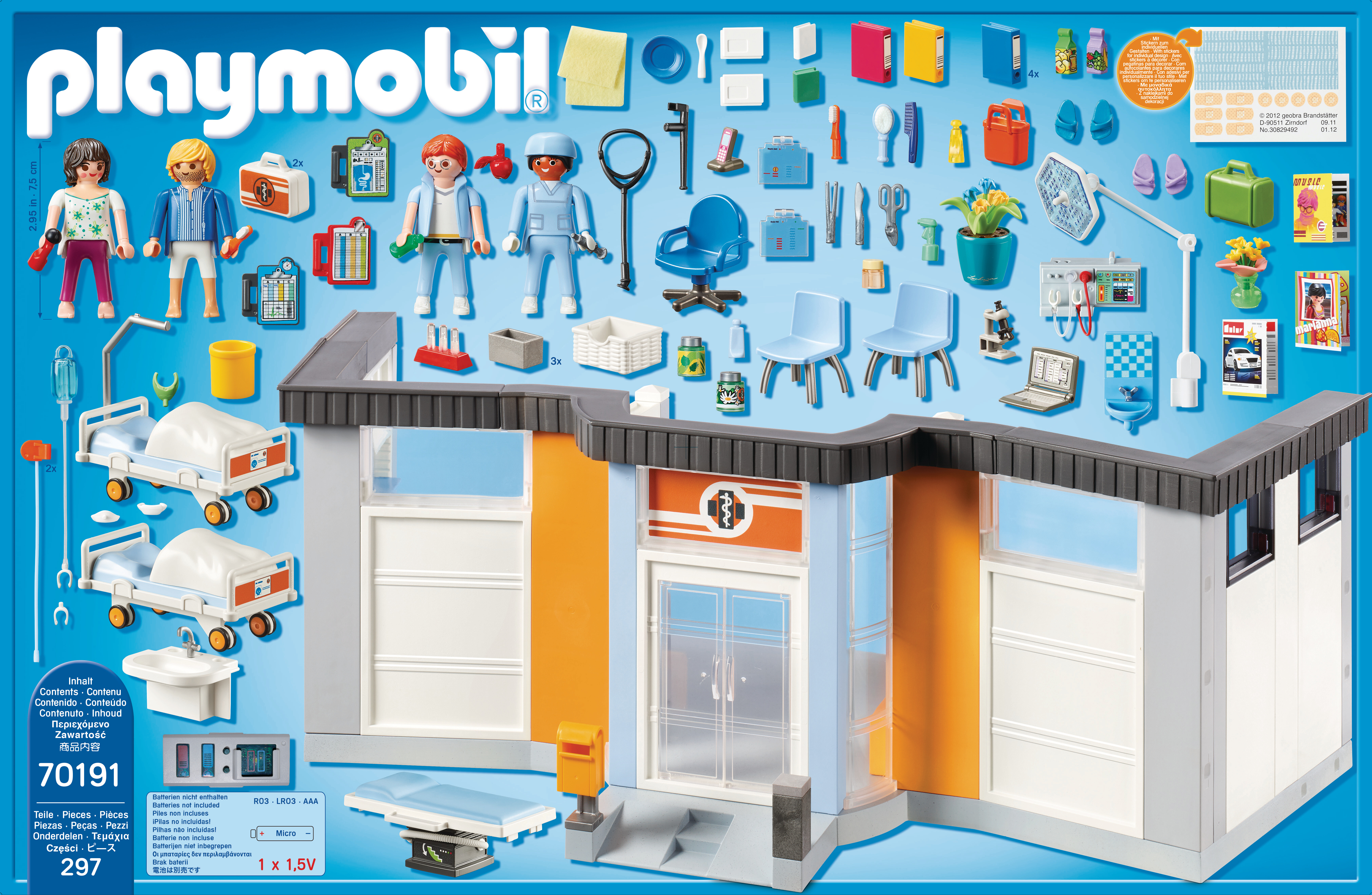 Un set de Playmobil con un edificio de hospital de dos pisos y varios accesorios y figuras médicas sobre un fondo azul.