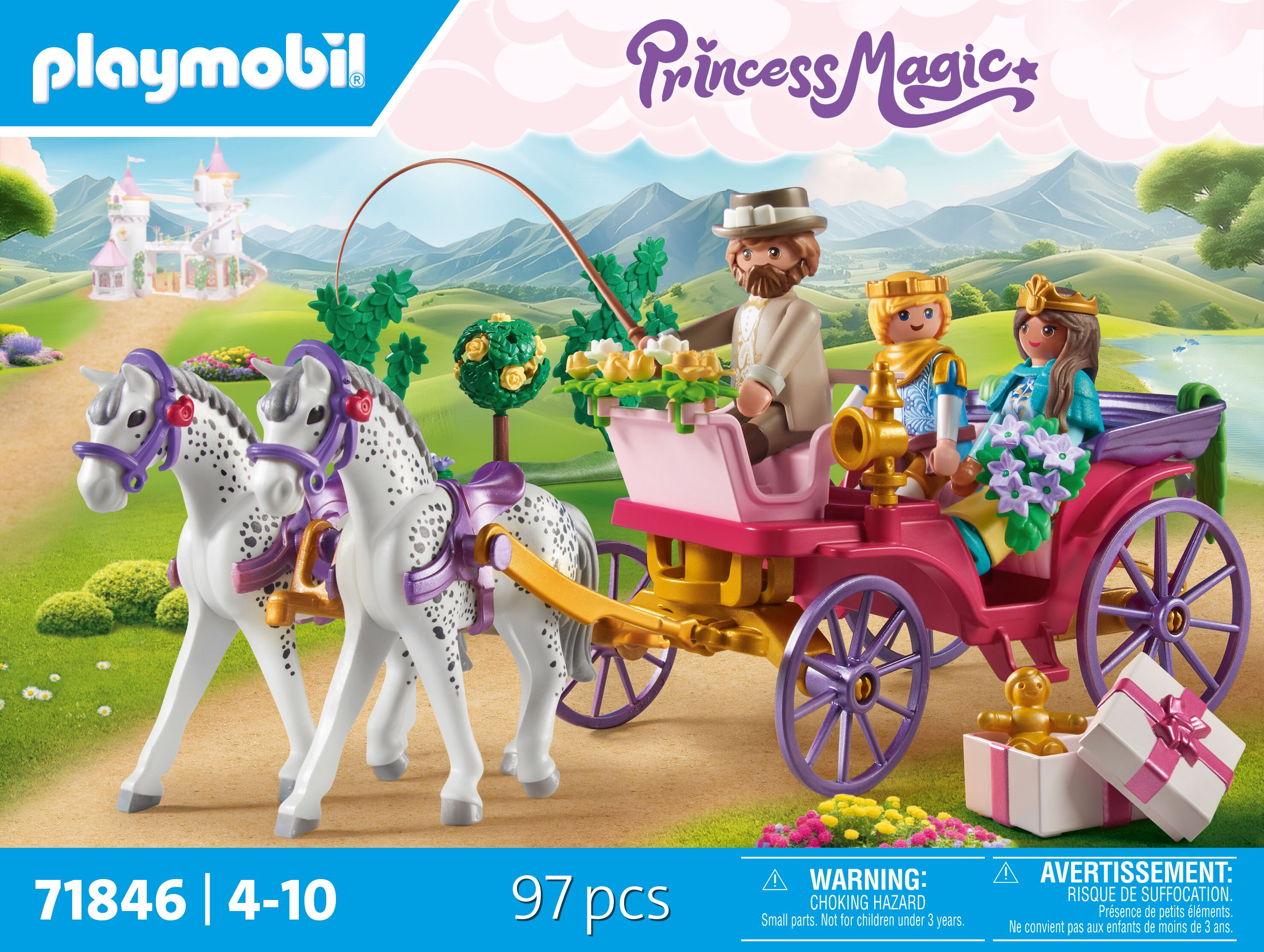 Playmobil koets met twee paarden, figuren, kasteel en cadeau.