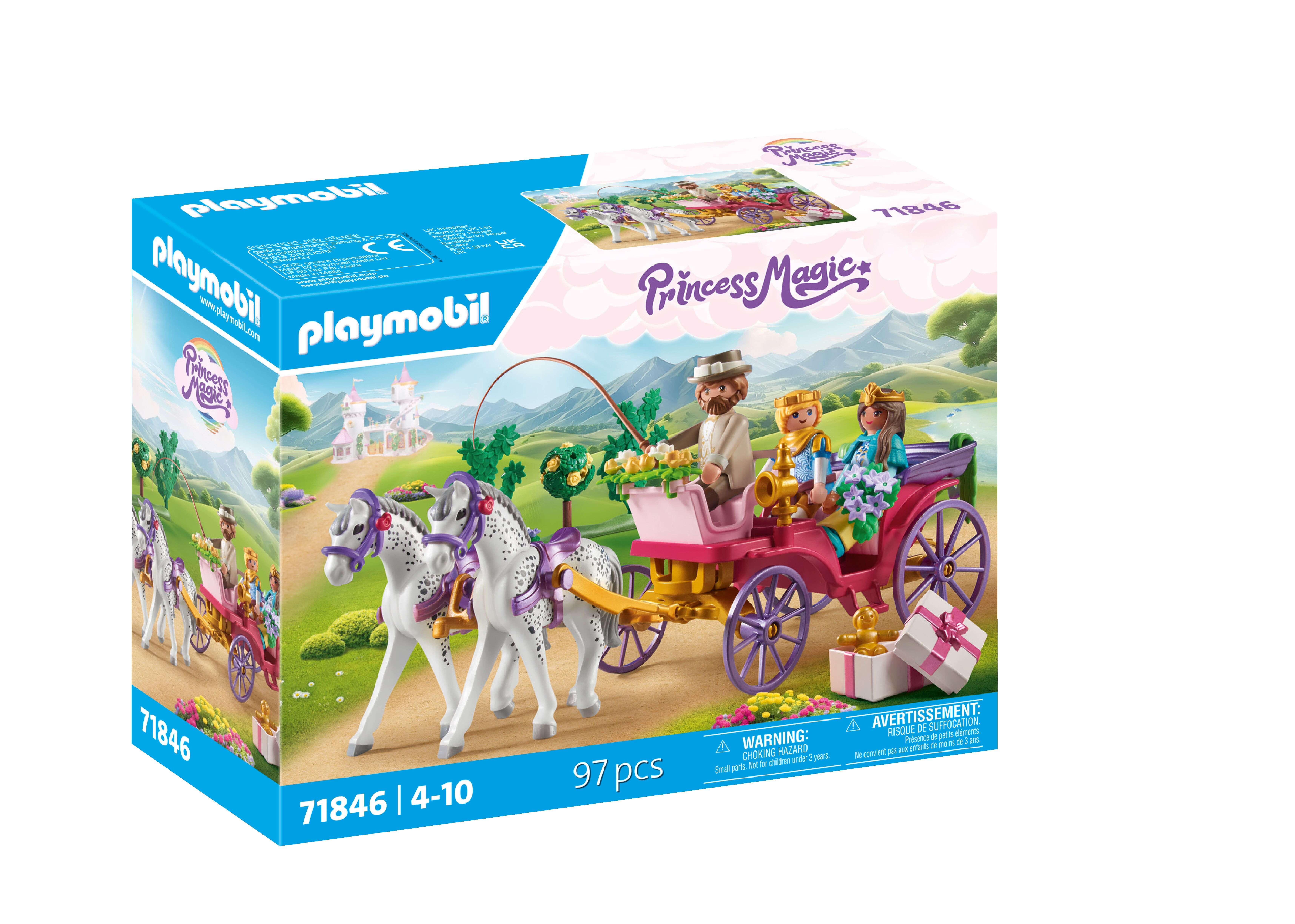 Playmobil Prinses Magie set met koets, twee paarden, figuren en kasteel achtergrond.
