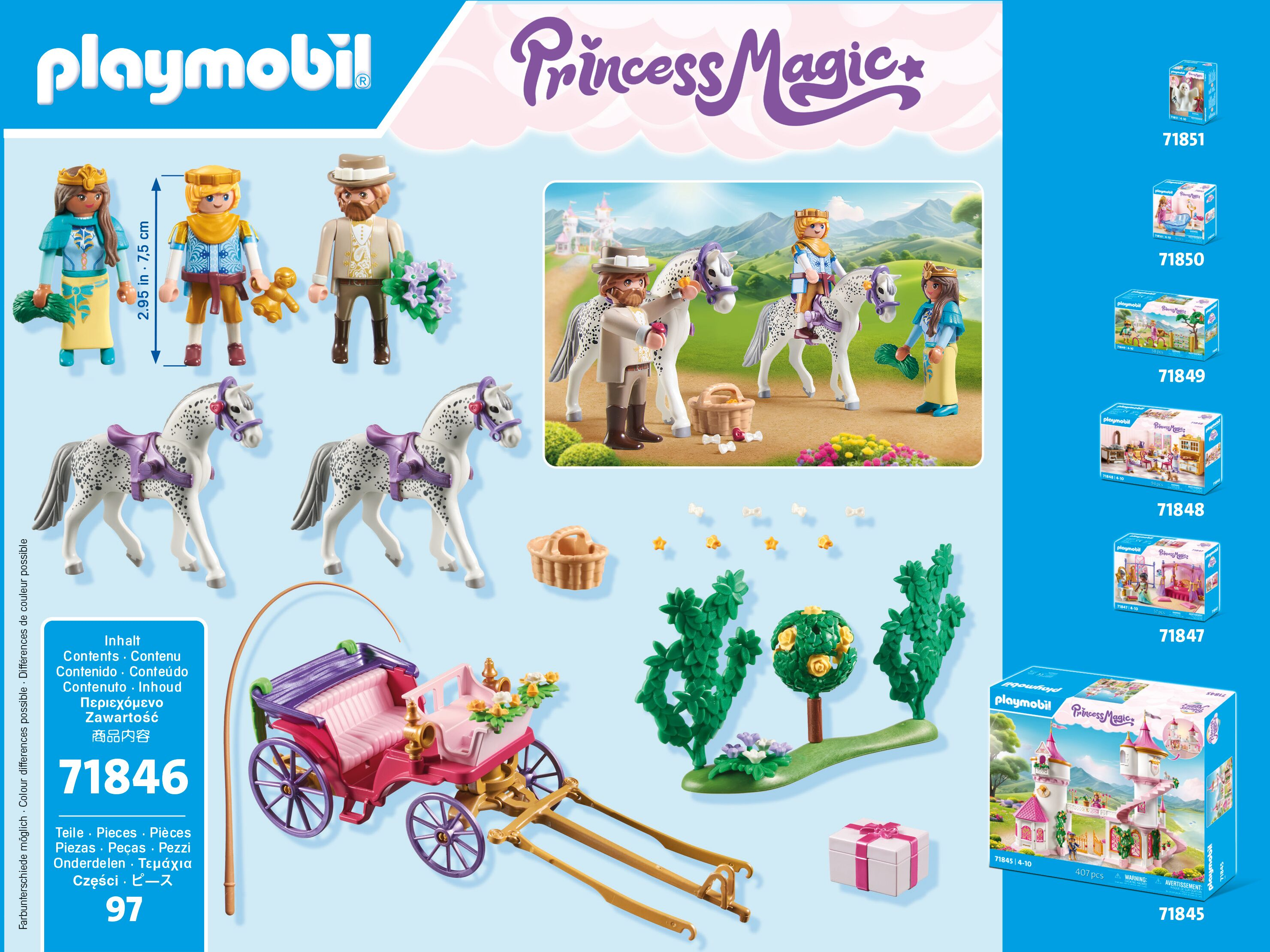 Playmobil Prinsessen Magie set met koets, paarden, figuren en accessoires.