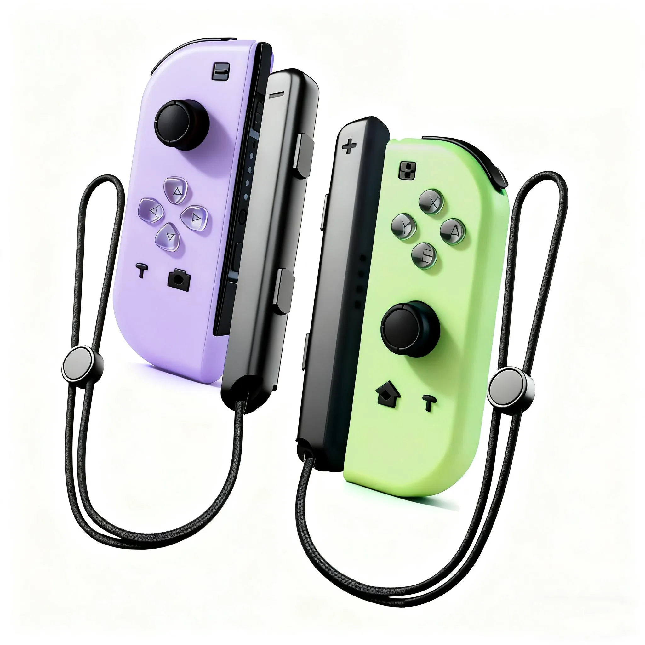 Zwei Gaming-Controller, einer lila und einer grün, mit schwarzen Handschlaufen, stehen aufrecht auf einer weißen Oberfläche.