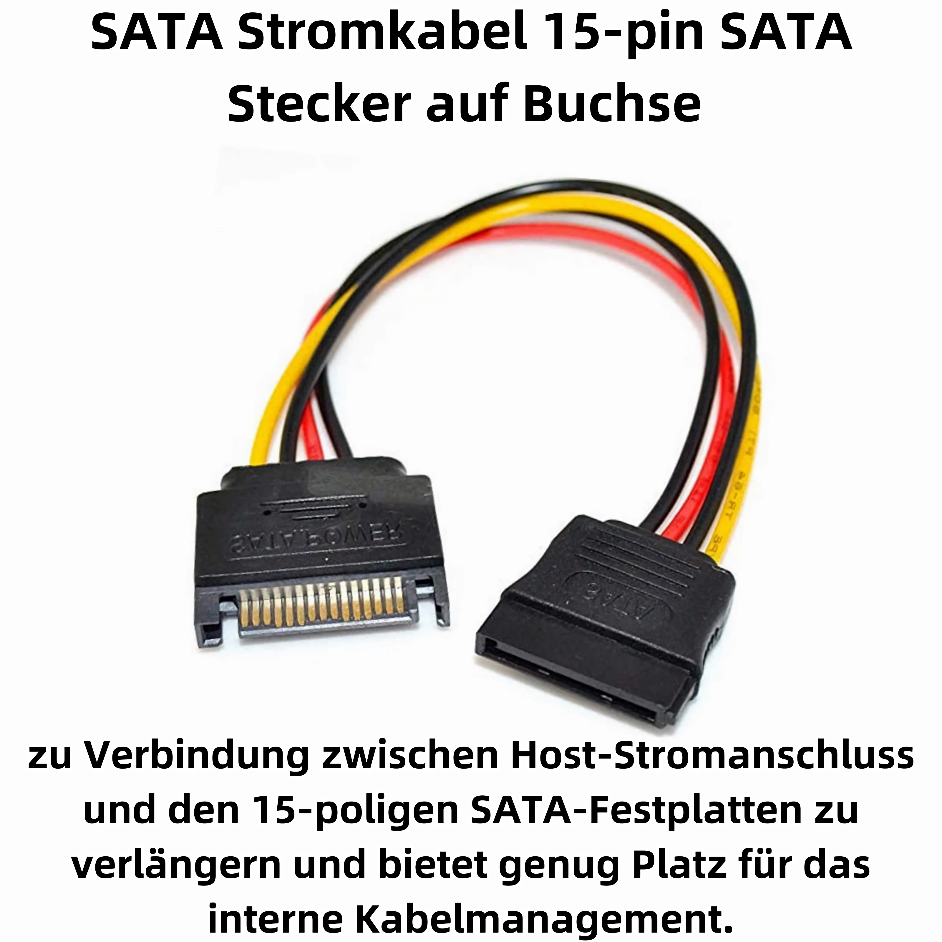 Ein schwarzes 15-poliges SATA-Stromadapterkabel mit roten, gelben und schwarzen Adern, mit einem Stecker und einer Buchse.
