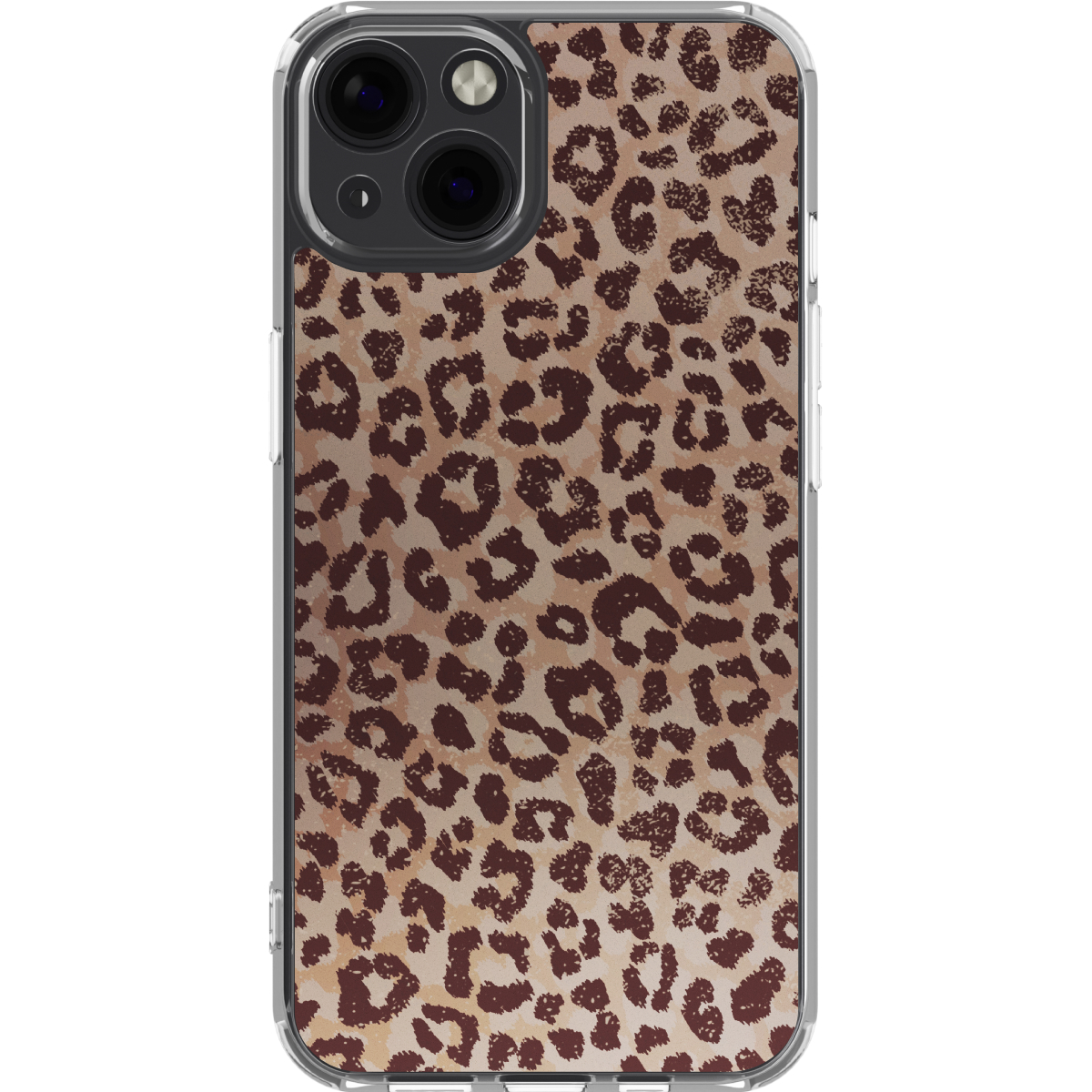 Custodia per iPhone con stampa leopardata e bordo trasparente.