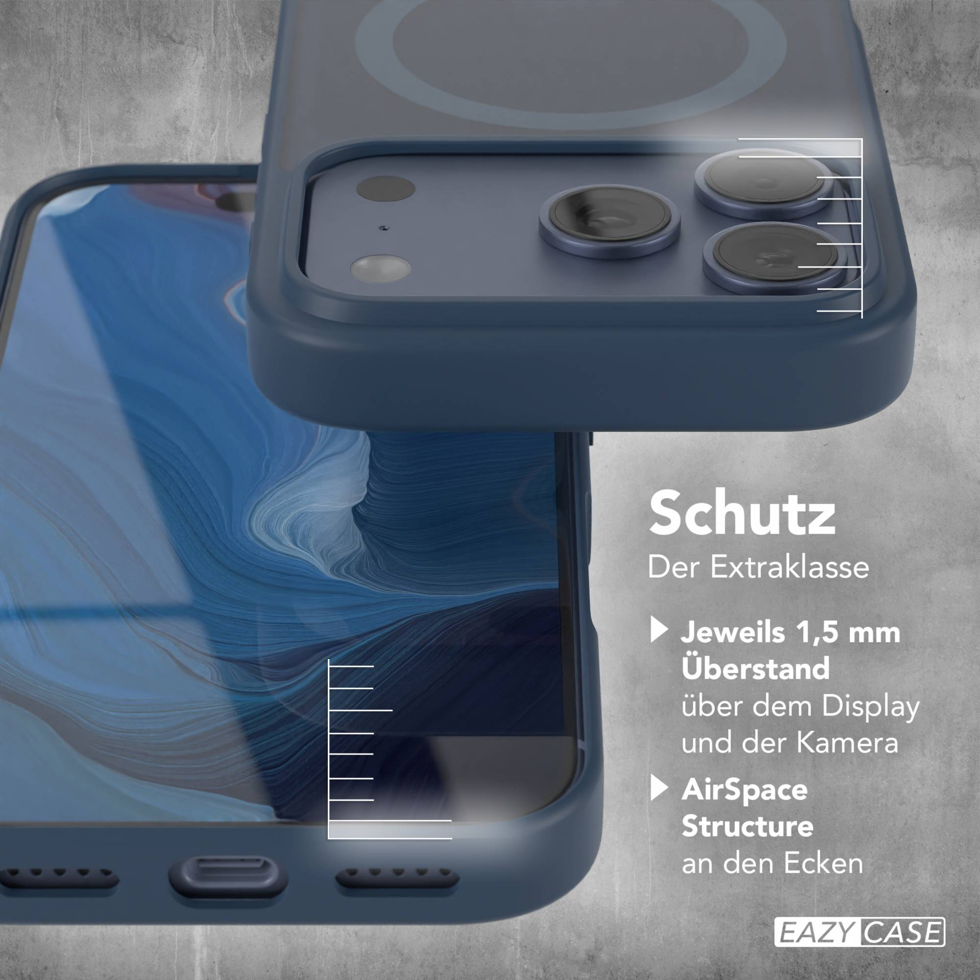 Ein blauer Handyhülle-Prototyp mit Kamera-Details und Textüberlagerung.