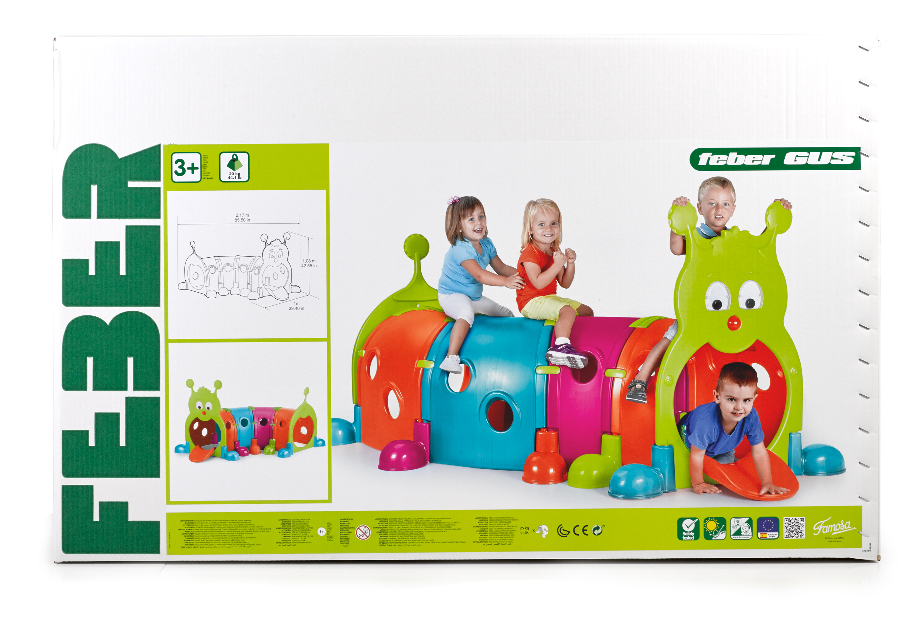 Una scatola bianca con un tunnel giochi a forma di bruco colorato. Tre bambini ci giocano sopra e dentro.