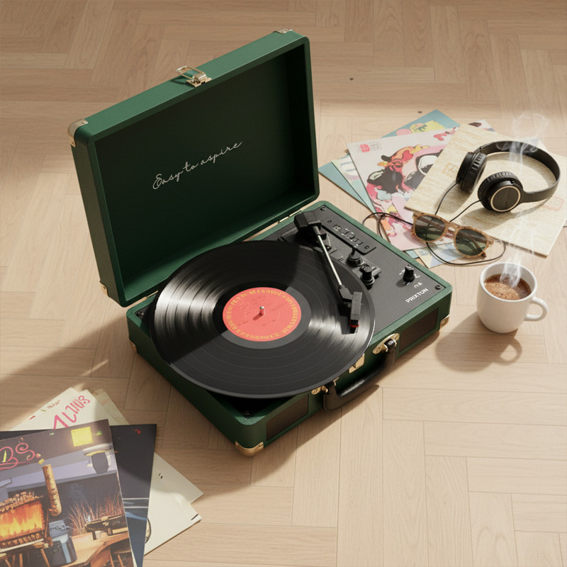 Zielony przenośny gramofon z czarną płytą winylową na drewnianej podłodze, otoczony albumami, słuchawkami, okularami przeciwsłonecznymi i parującą filiżanką kawy.