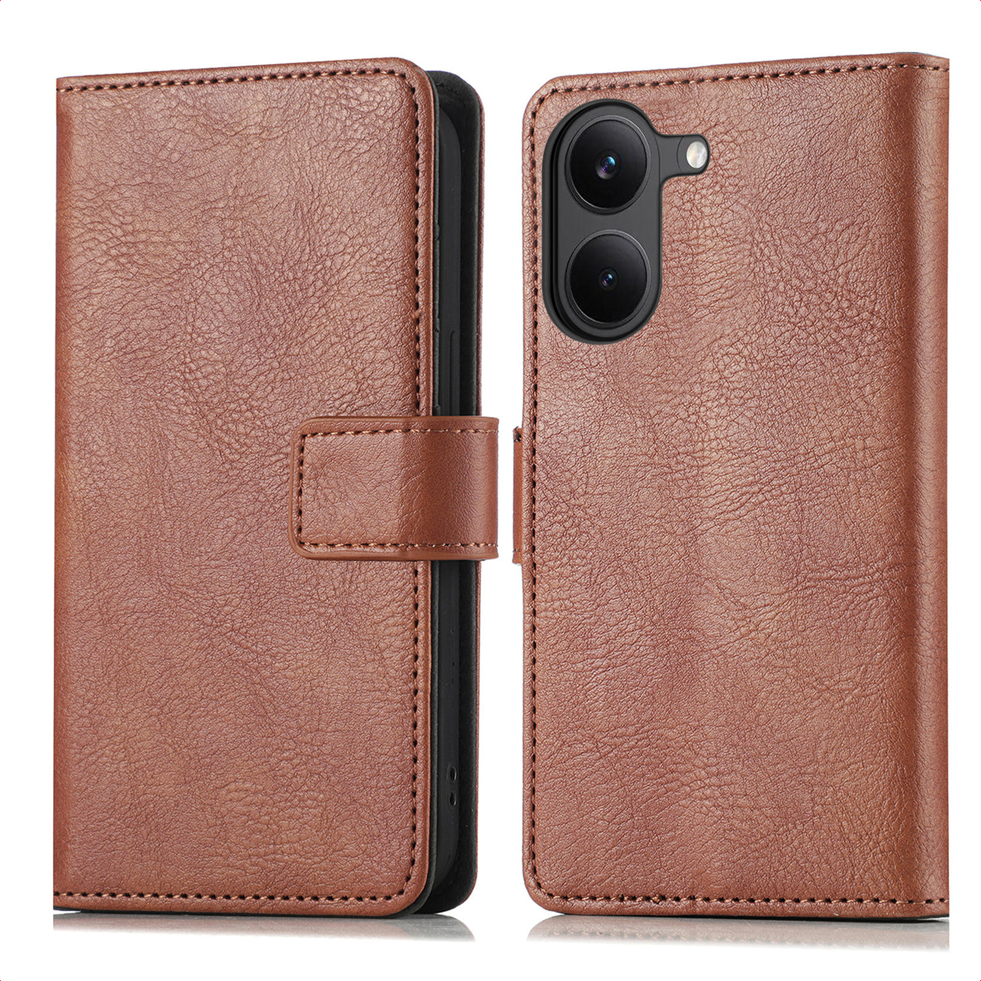 Una custodia per telefono in pelle marrone con chiusura magnetica, che mostra le fotocamere posteriori del telefono sul lato destro.