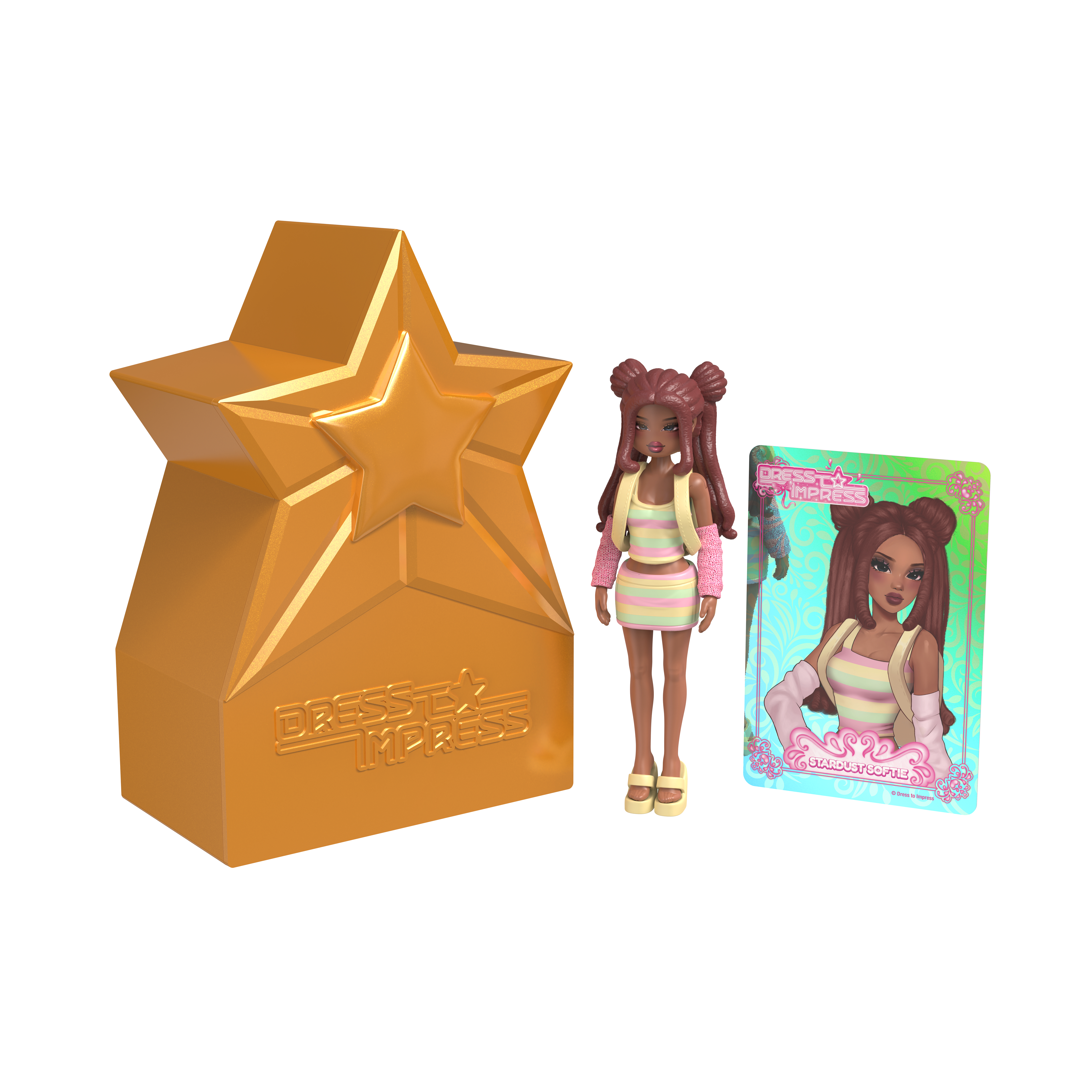 Eine goldene sternförmige Box, eine Puppe mit braunen Haaren in einem gestreiften Kleid und pinker Strickjacke, sowie eine Sammelkarte.
