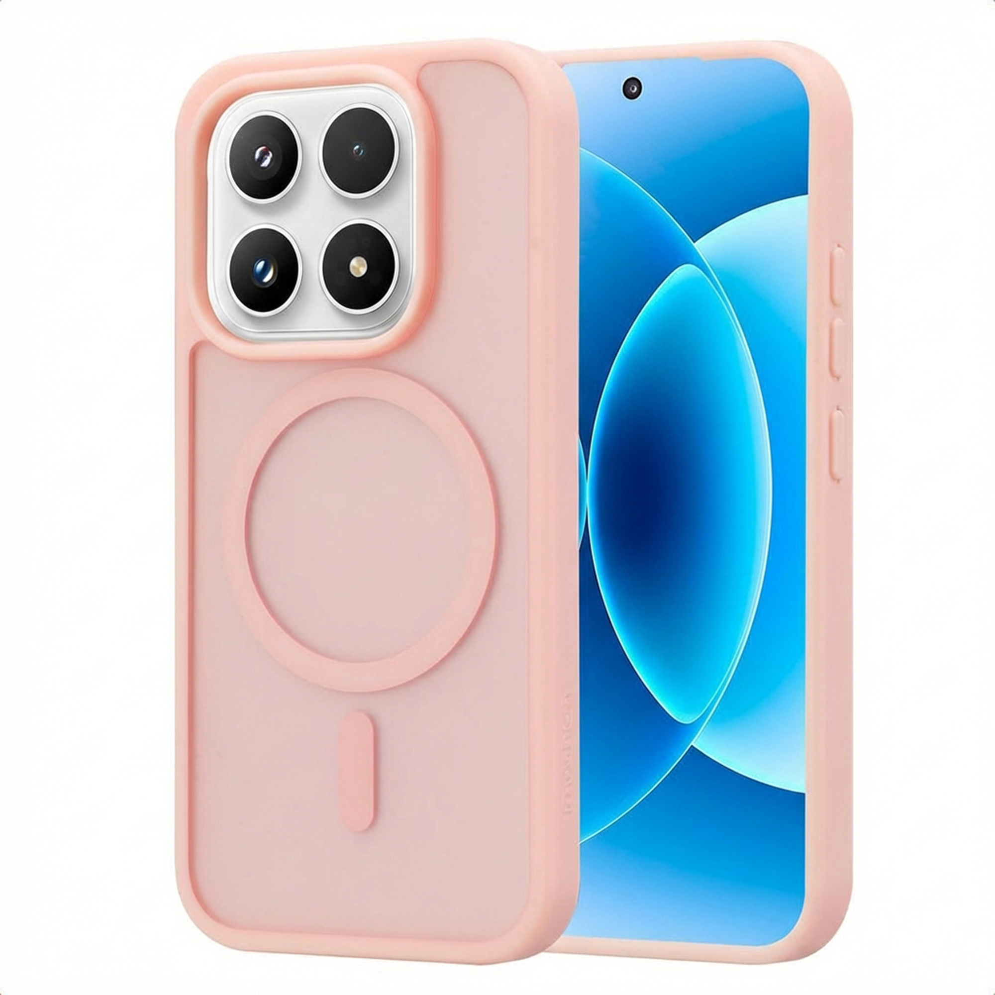 Una cover rosa per telefono con array di fotocamere e un telefono con sfondo blu.
