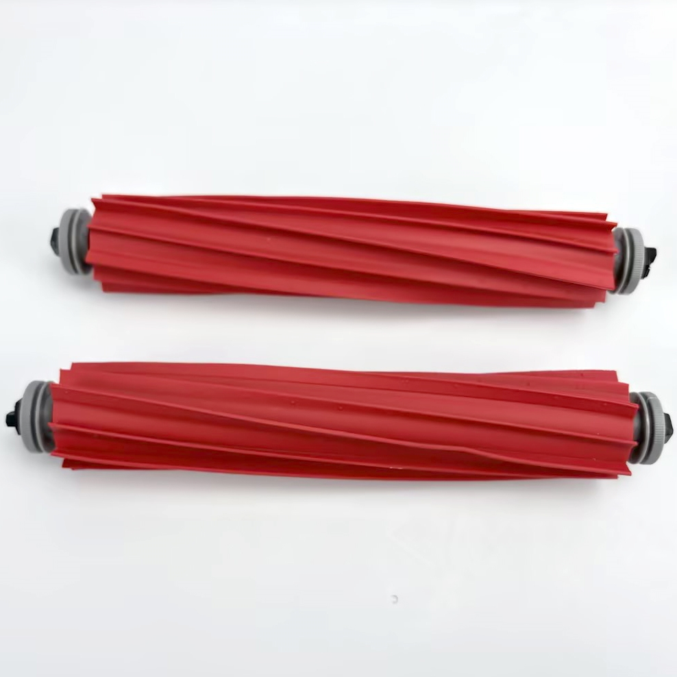 Two red brush rollers with spiral pattern and gray end caps.