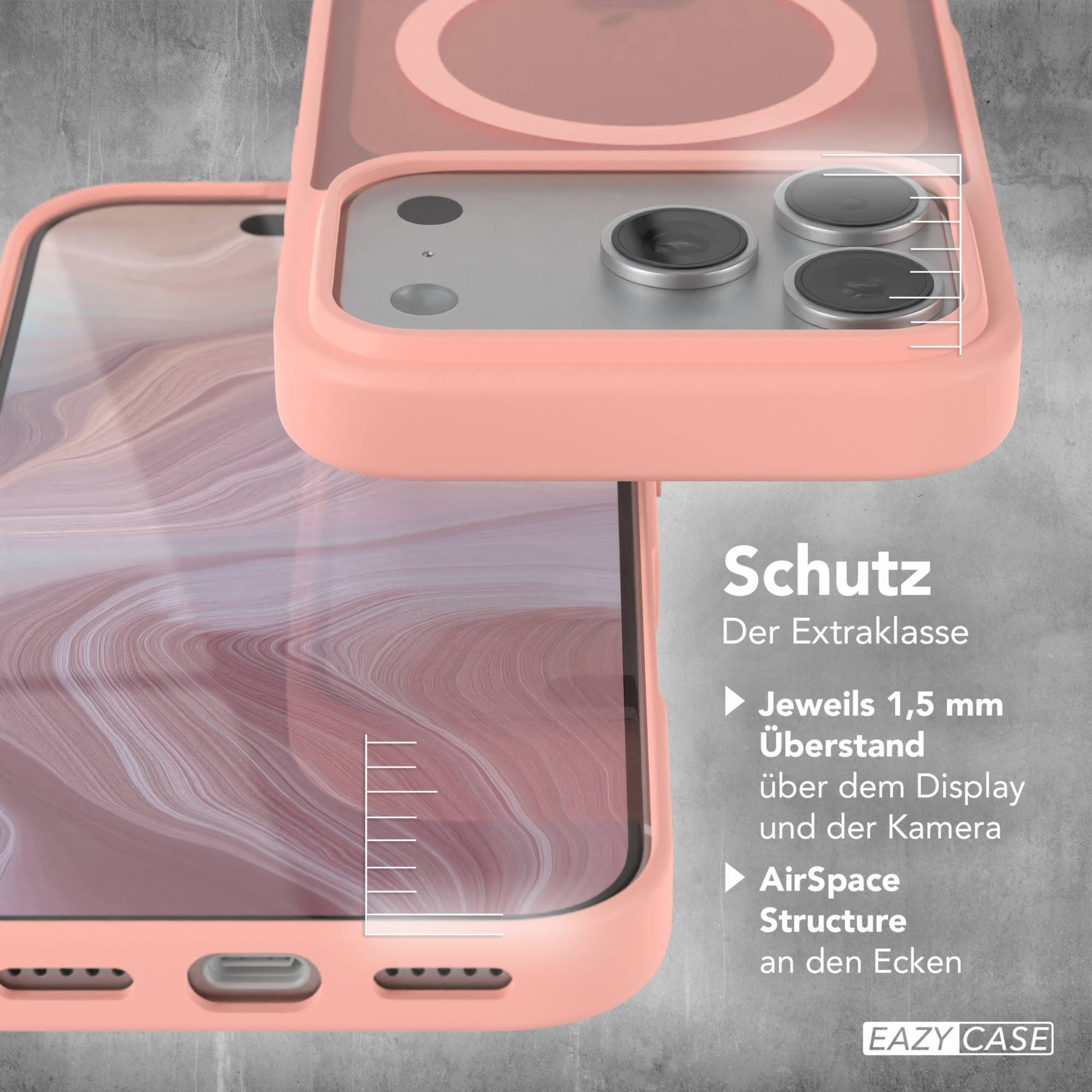 Eine pinke Handyhülle auf grauem Hintergrund, die den Bildschirm und die Kamera des Telefons zeigt, mit Text, der Funktionen beschreibt.