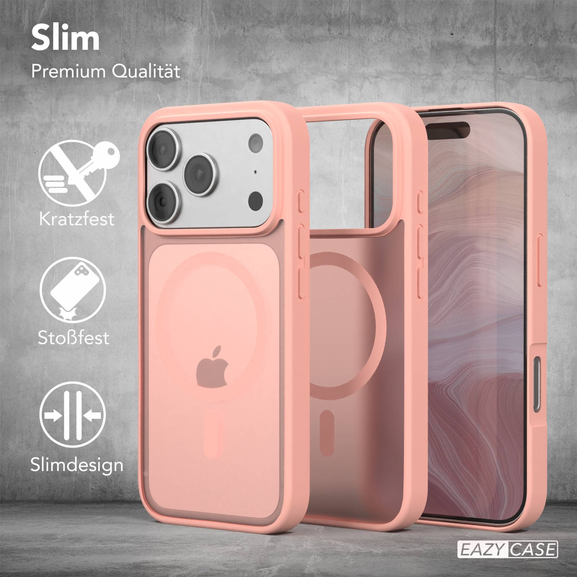 Zwei pinke Handyhüllen, eine auf einem Handy, mit Text über schlankes Design, Kratzfestigkeit und Stoßfestigkeit.