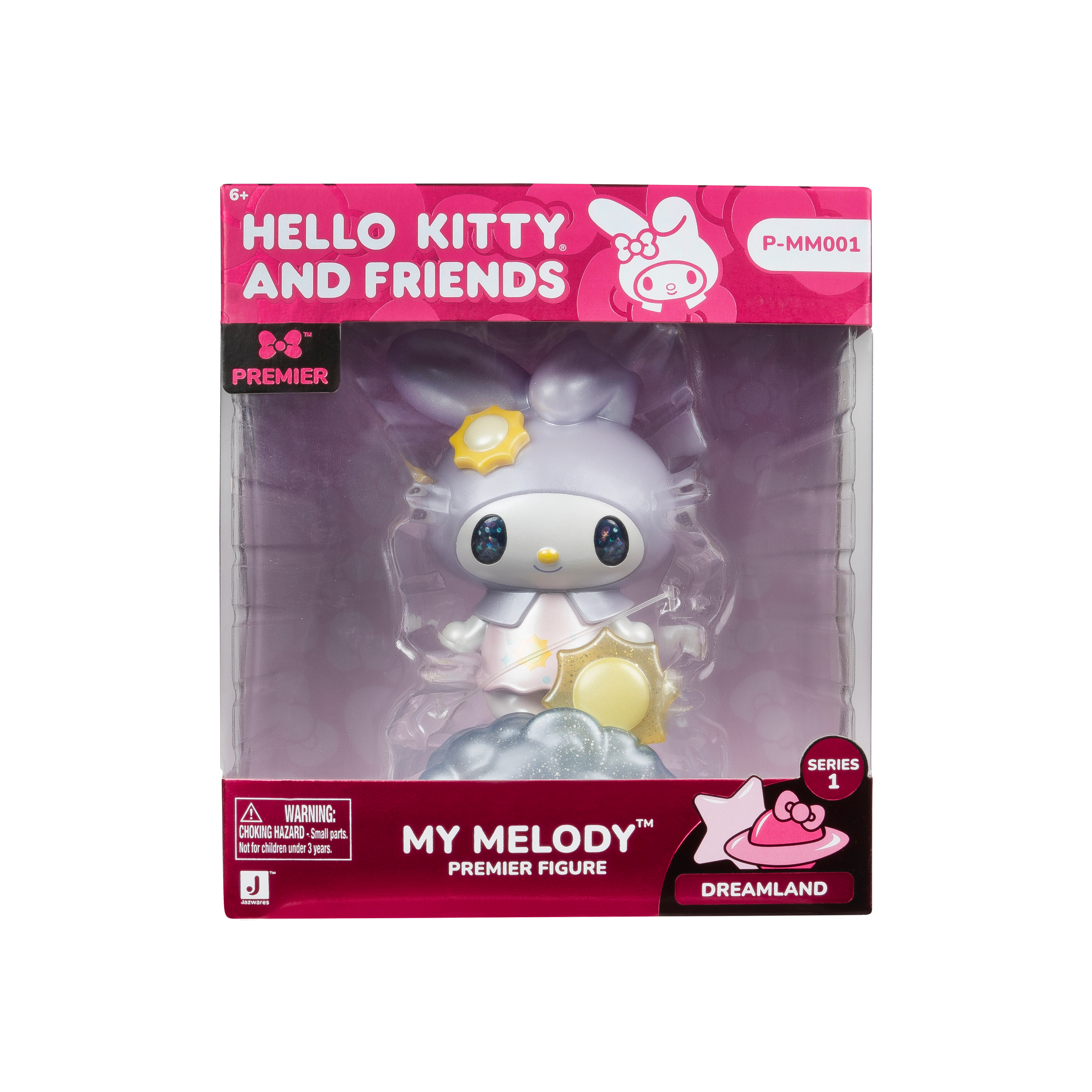 Eine Hello Kitty My Melody Dreamland Figur in einer durchsichtigen Plastik- und Rosa-Box, mit einem lavendelfarbenen Hasen auf einer Wolke.